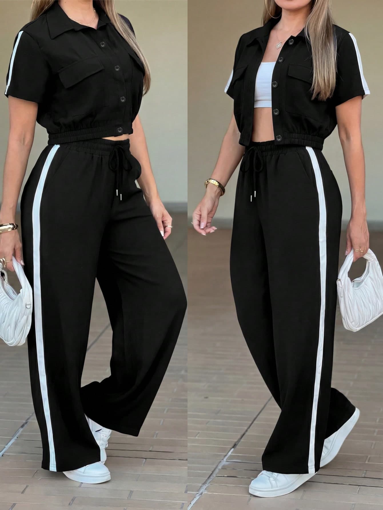 Women's Spring/Summer Casual Sports 2-Piece Set: Open Front Short Sleeve Cropped Jacket Paired With Striped Drawstring Waist Loose Pants. Features Button Details. Suitable For Outdoor Activities, Workout, Commuting, Street Style In Spring And Summer. Black Elegant
