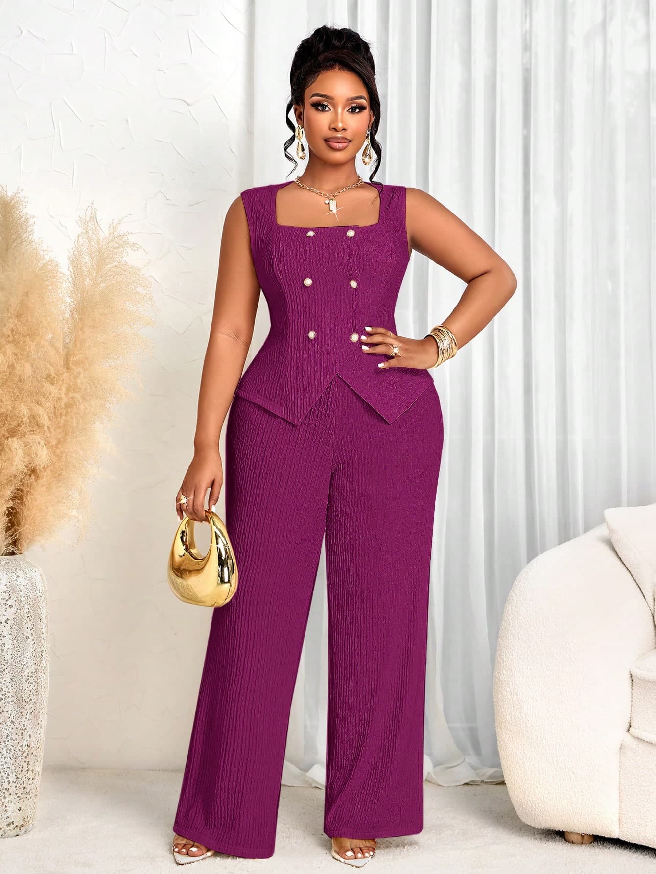 BIUBIU Plus Size Women's 2 Pieces Set, Sleeveless Ruffle Collar Top Paired With Wide Leg Pants, Made Of Stretchy Fabric Summer Elegant