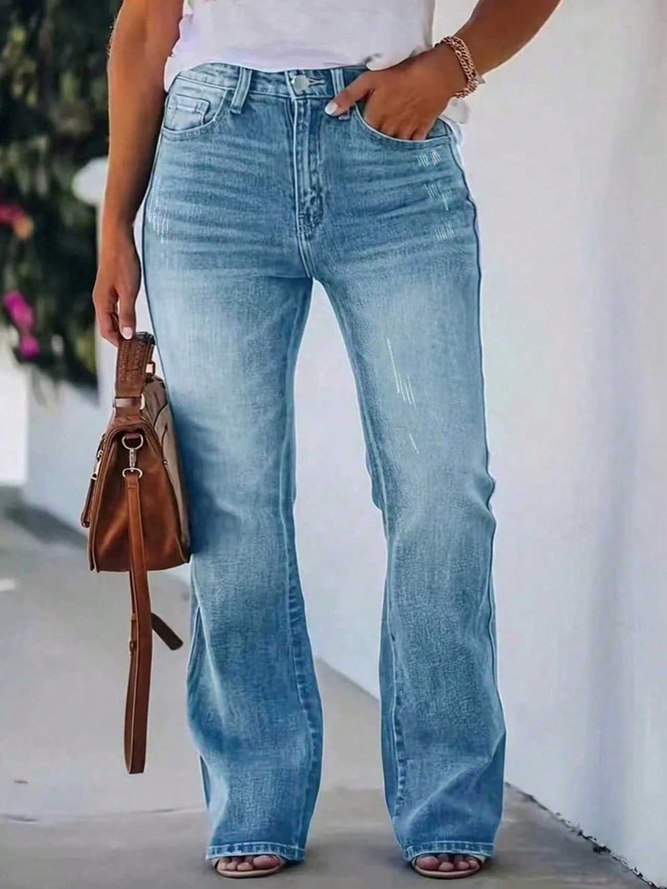 Women's Denim Flare Leg Jeans, High Stretch Ripped Boho Style Long Pants With Button And Pocket Details, Perfect For Fall Season Casual