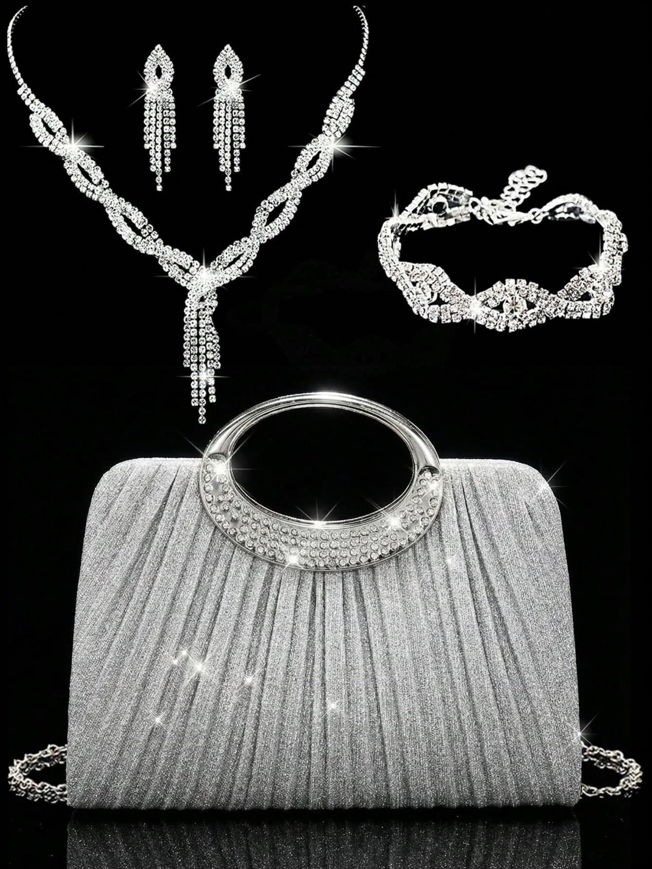 Women's Fashionable Sparkling Crystal Diamond Evening Clutch Bag, Luxurious Diamond-Encrusted Formal Dress Handbag, Can Be Matched With Sparkling Crystal Diamond Jewelry Set Including Dazzling Pendant Necklace, Earrings And Bracelet, Suitable For Gala, Party, Birthday, Wedding As Bridal Clutch, Party Bag, Wedding Accessory
