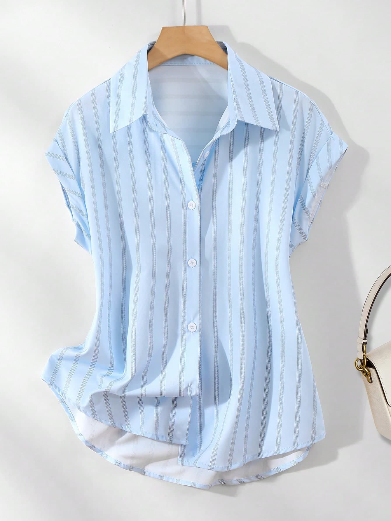 Women's Casual Fashion Striped Polyester Shirt With Button Front Collar, Short Batwing Sleeves And Regular Length With Short Front And Long Back. Back To School Season, Holiday Outfit