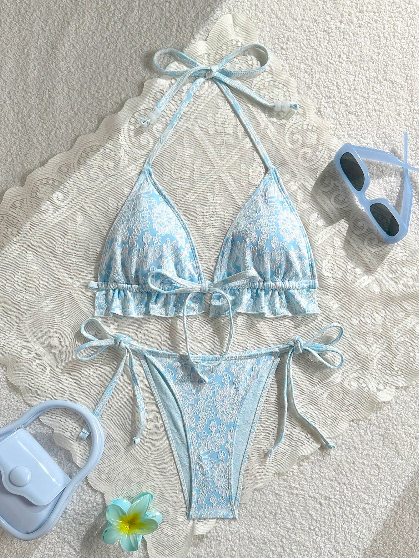 Unique Fabric Casual Vacation Beach Party Halter Neck 2 Pieces Bikini Swimwear Beach Outfit