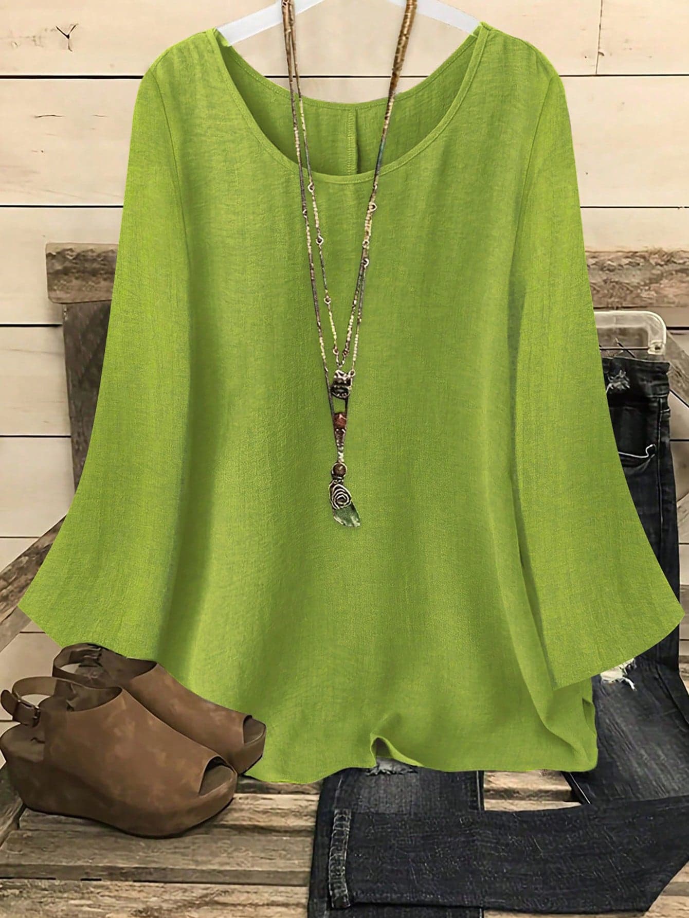 Plus Size Women's Casual Western Style Solid Color Round Neck Long Sleeve Flared Cuff Shirt, Soft & Lightweight Polyester Fabric, Suitable For Spring/Summer Everyday Wear