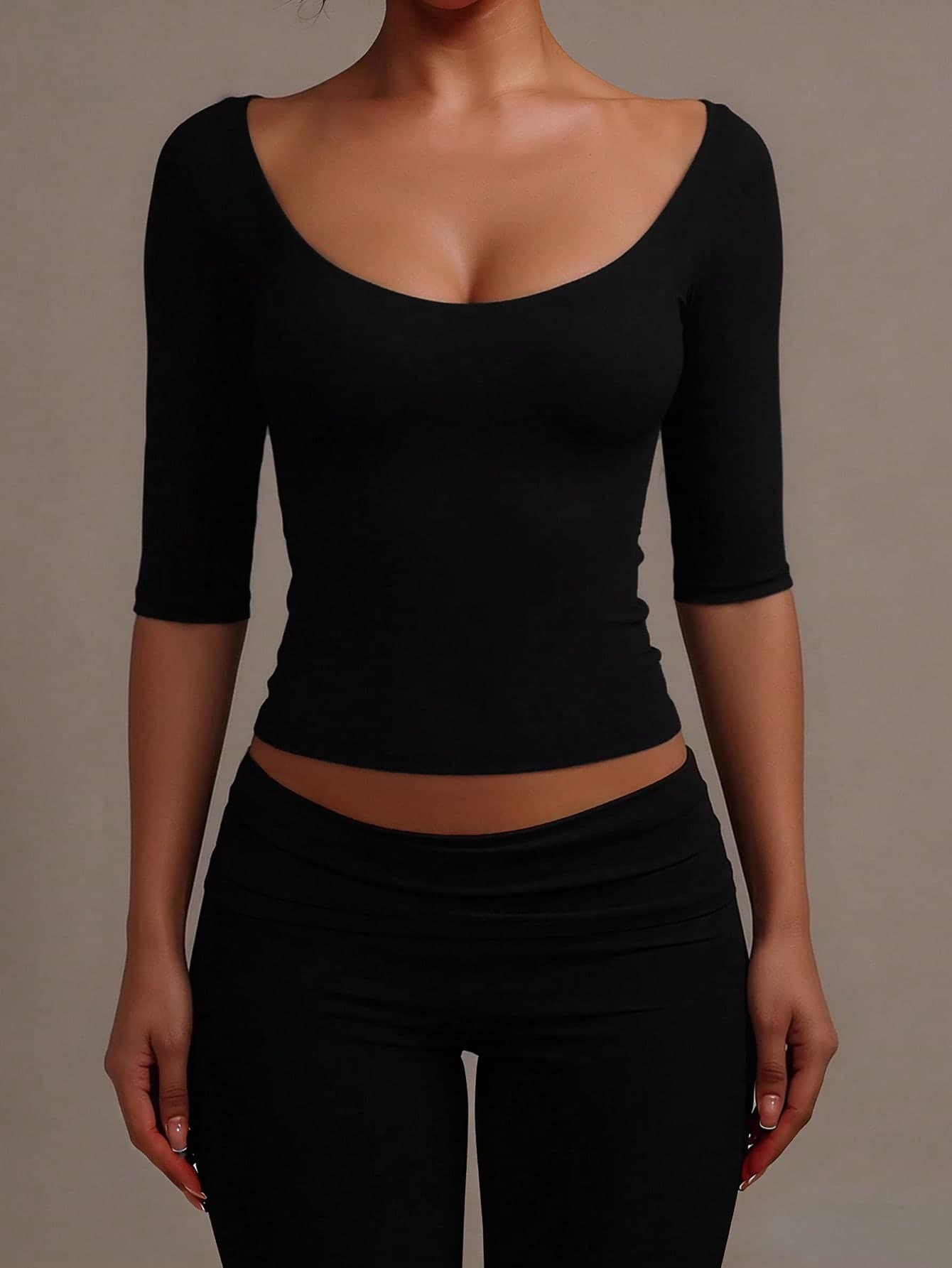 XLLAIS Sexy Sweetheart Neck Yoga Basic High Elasticity Naked Feeling Slim Fit Short Sleeve Black Summer Sports T-Shirt Casual
