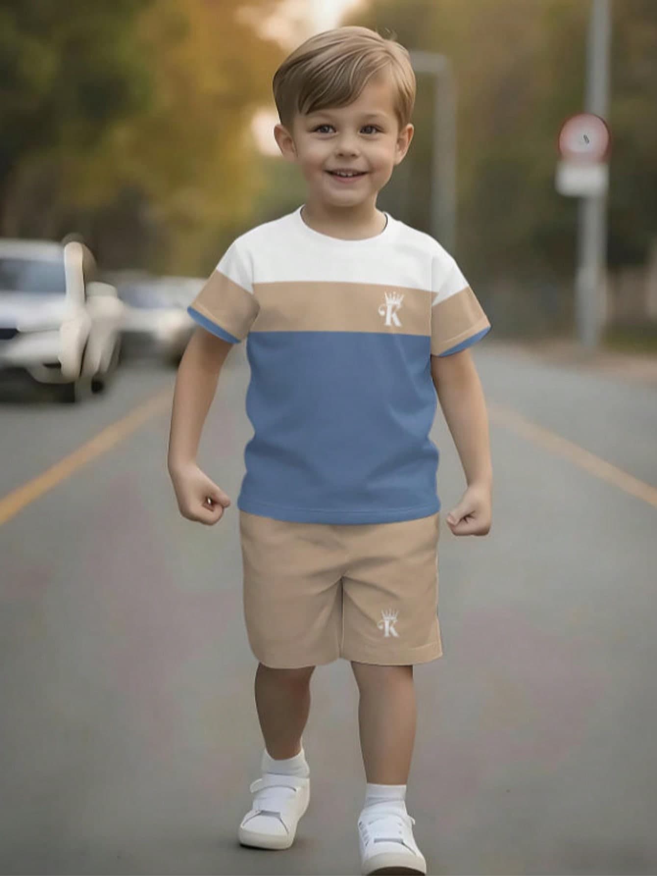 2pcs/Set Boys' Short Sleeve Shorts Set, Casual Fashion Style, Funny Pattern, Suitable For Summer Outdoor Sports, Soft & Breathable Boys' Round Neck T-Shirt + Shorts Set