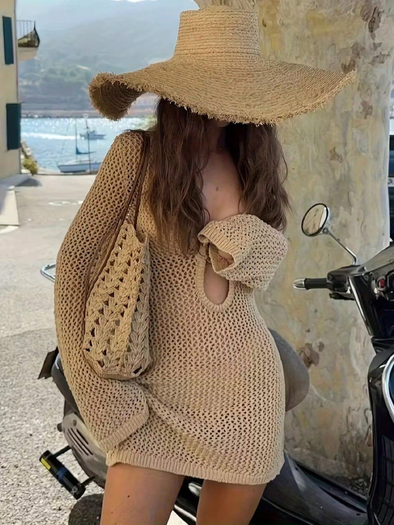 Women's New Hollow Out Sexy Beach Vacation Casual Daily Dress, Flare Sleeve Short Knit Sweater Dress, Suitable For Spring, Summer And Autumn