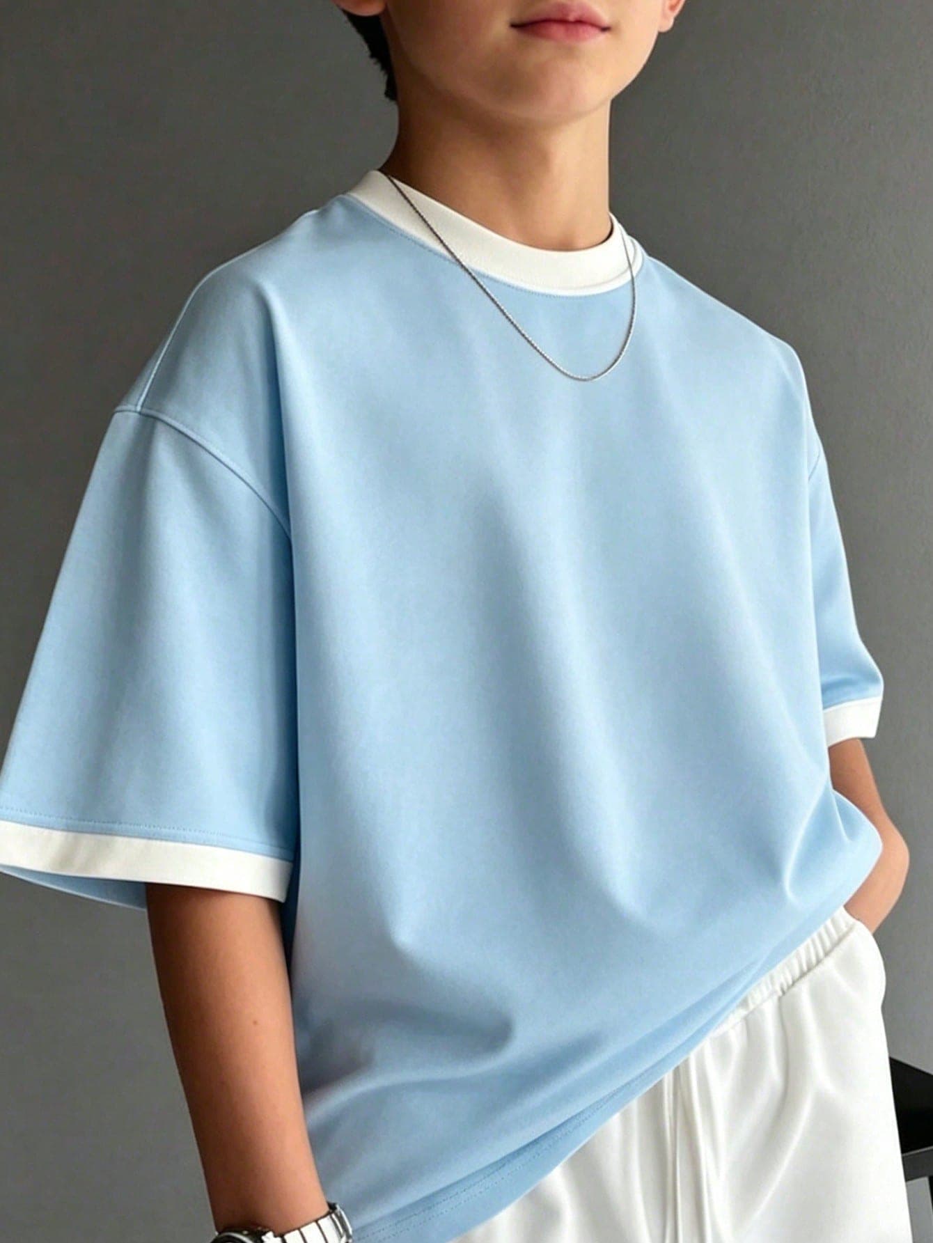 Boys' Basic Contrast Color Collar Short Sleeve T-Shirt, Soft Breathable Comfortable Casual Wear