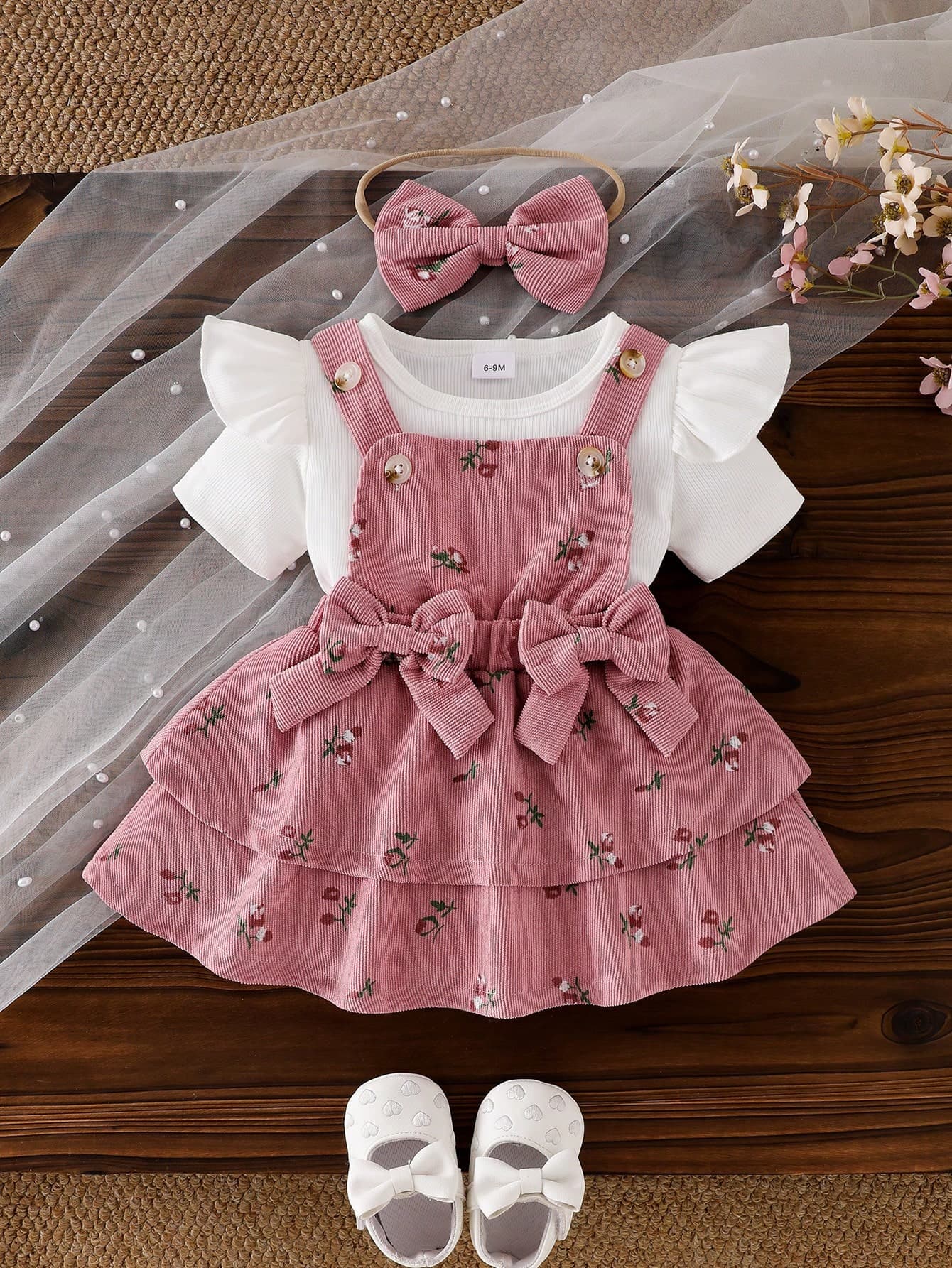 Baby Girl 3-Piece Set: Solid Color Flutter Sleeve Top And Tiered Ruffle Skirt With Bow Headband