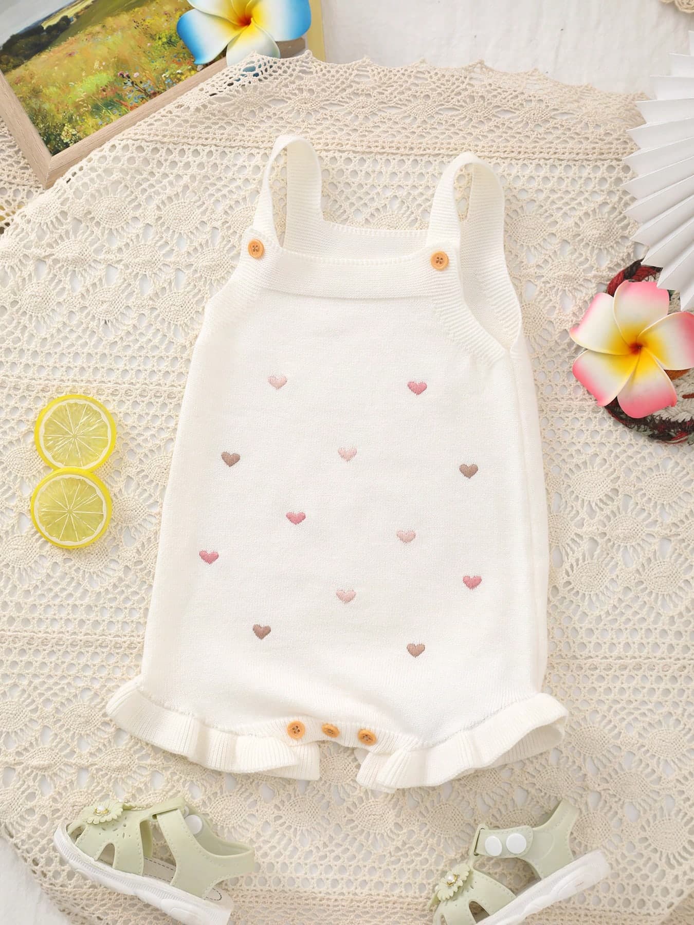 Baby Girls' Lightweight Knit Floral Embroidered Sleeveless Romper, Summer