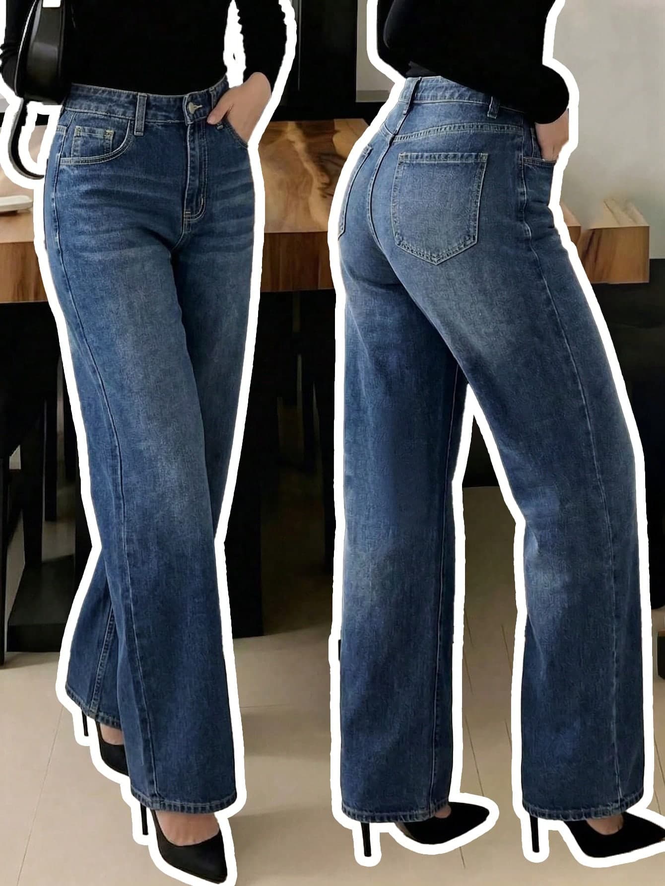 Women's Casual Denim Wide Leg Pants With Zipper Design, Extra Long Non-Stretch Straight Leg