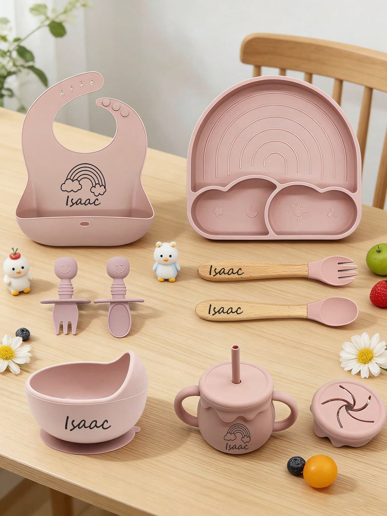9-Piece Silicone Tableware Set For Infants And Toddlers, Customizable With Names And Designs, Featuring Rainbow-Colored Plates. Baby Feeding Set