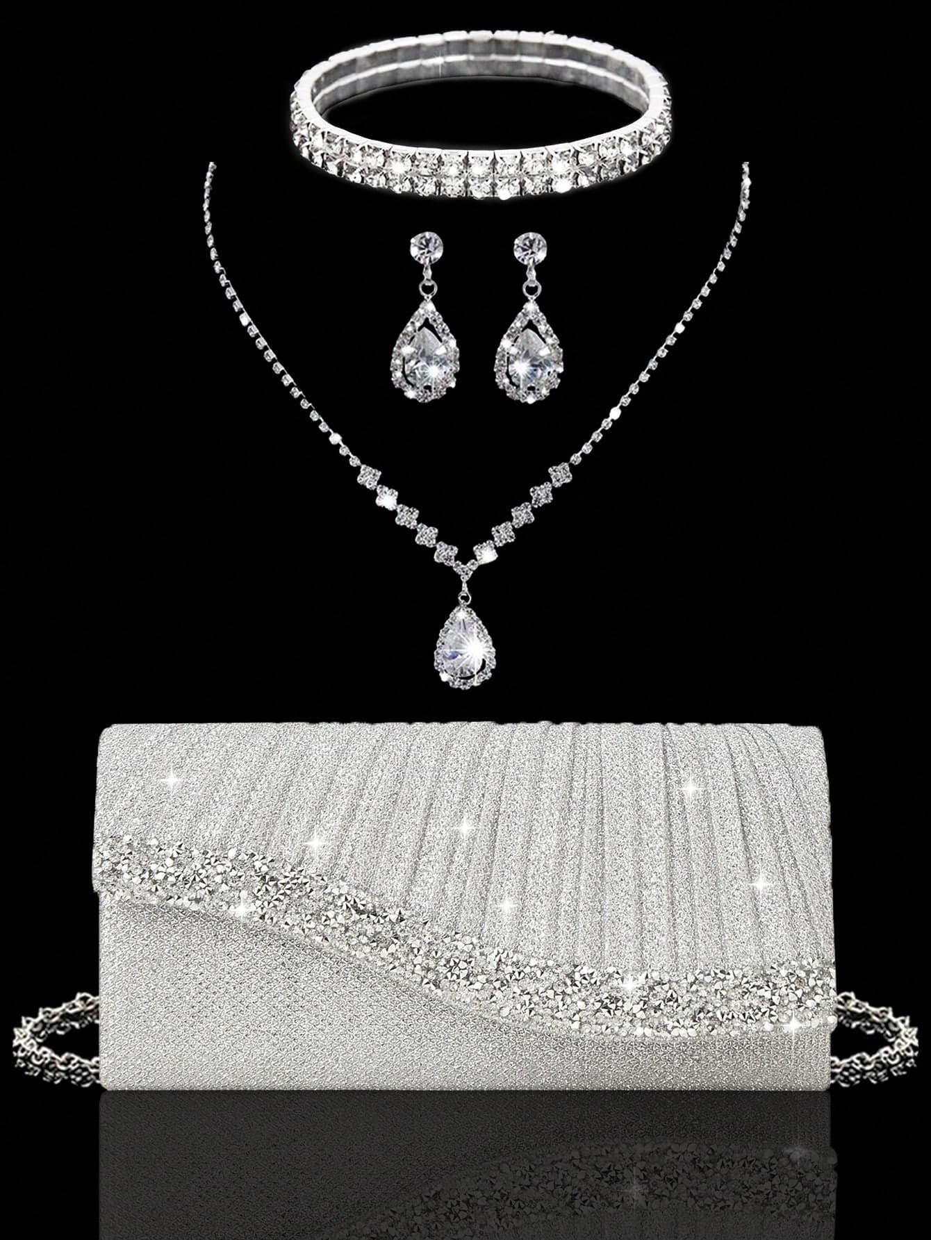 New Crystal Evening Clutch, Sparkling Women's Handbag, Women's Party Bag, Luxury Envelope Bag, Wedding Bride Gift, Comes With Sparkling Rhinestone Jewelry 3 Pieces Set, Perfect Match For Sparkling Evening Gown, Sequin Dress And Party Outfit, Suitable For Party, Evening Event, Gathering, Ball And Wedding