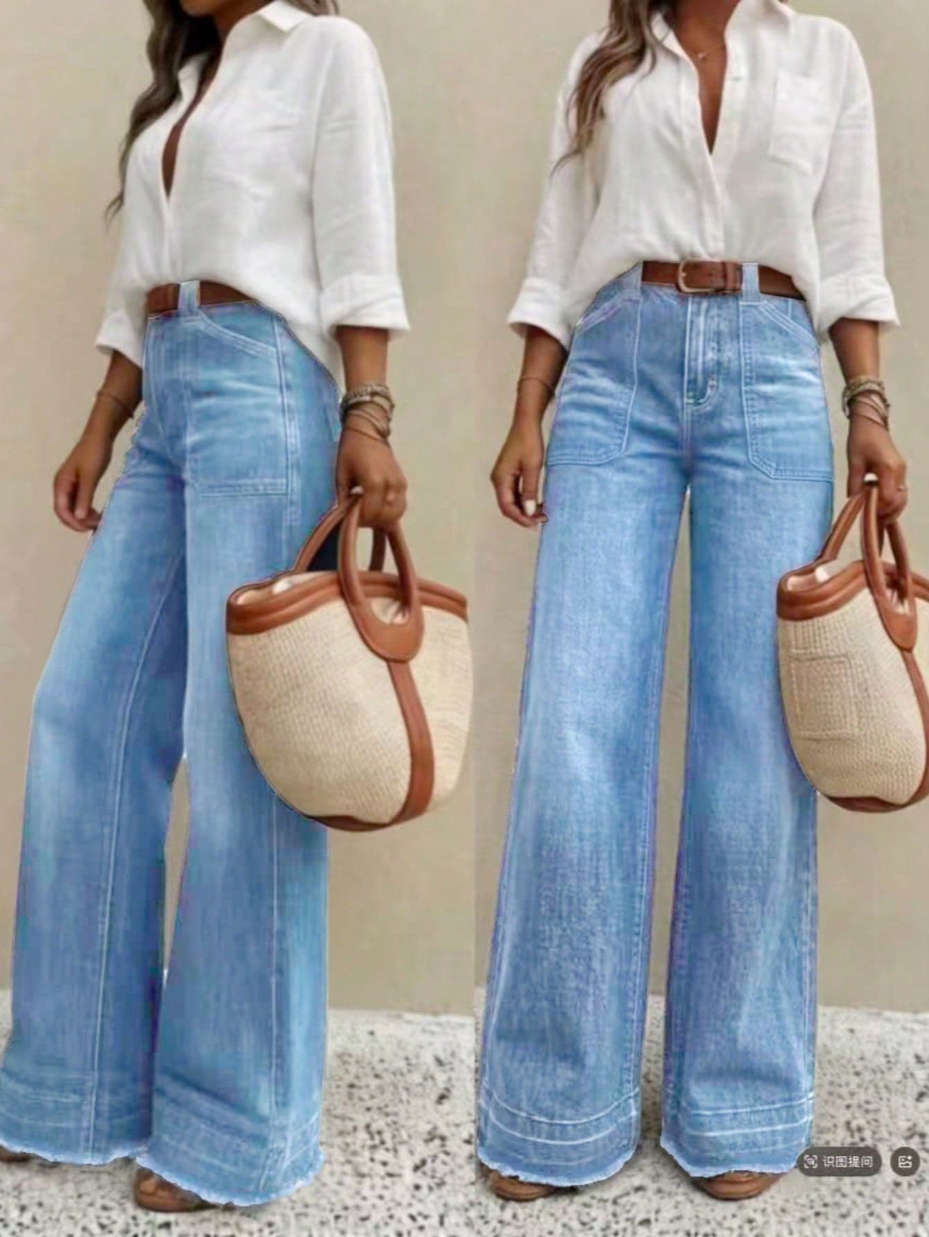 Women's Long Wide-Leg Jeans, Featuring Washed Finish, Button And Pocket Details, Frayed Hem, For Casual Denim Style