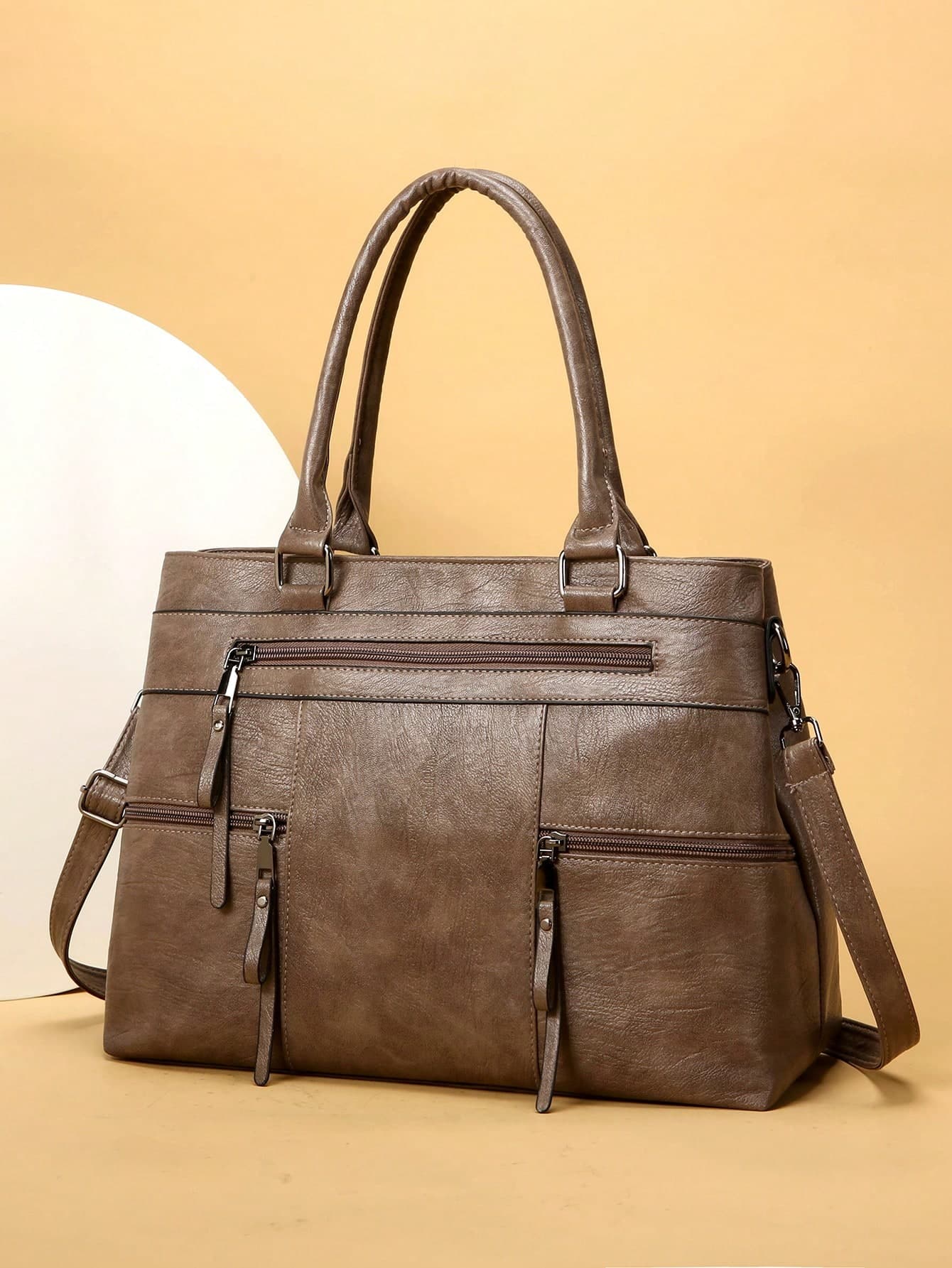 1pc Women's Solid Color Retro Handbag, Large Capacity Tote Bag With Multiple Zipper Pockets, Waterproof PU Dual Top Handle Portable Outdoor Casual Business Versatile Shoulder Bag, Stitching Anti-Theft Crossbody Bag