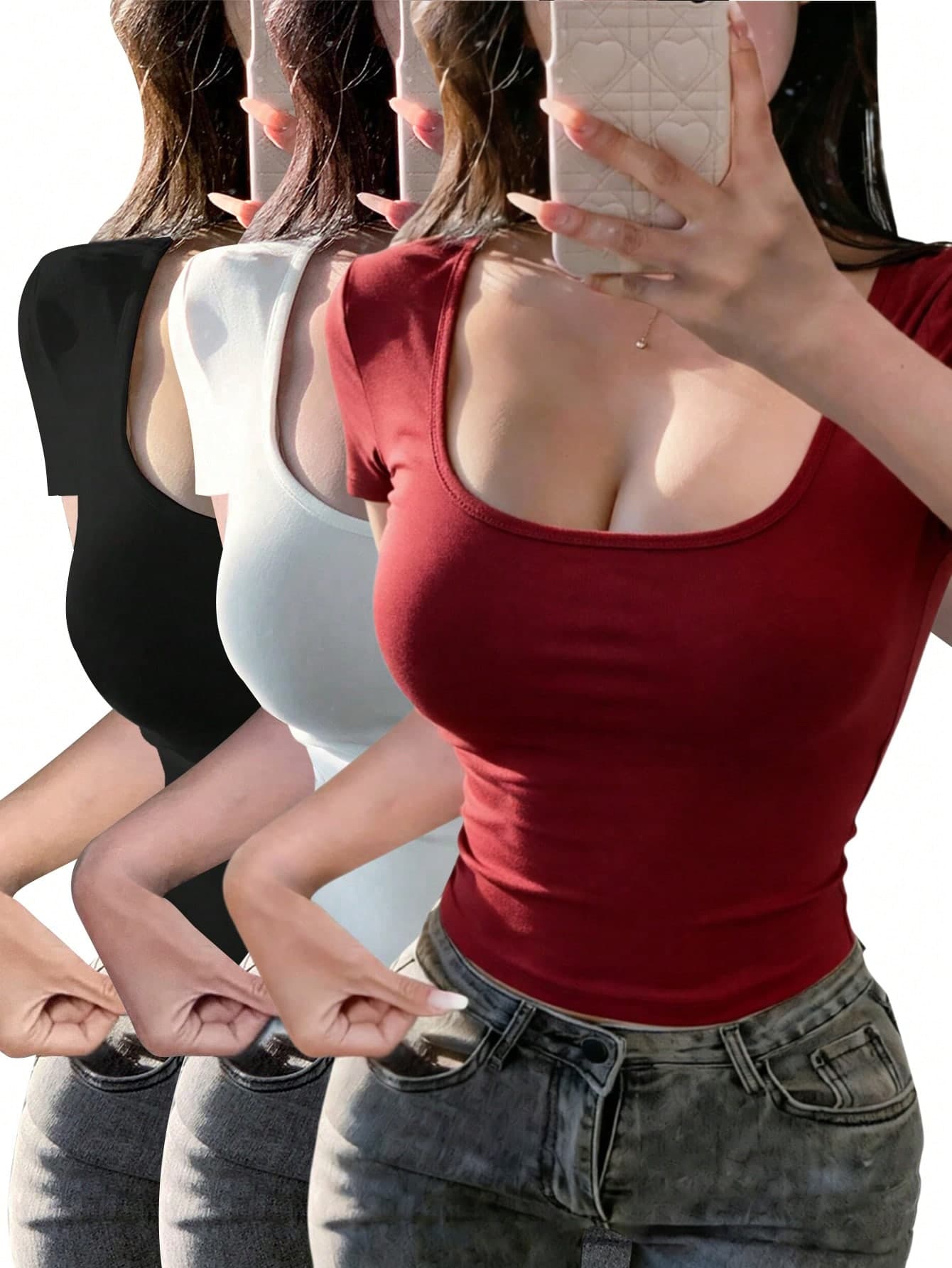 3pcs/Set Women's U-Neck Short Sleeve T-Shirts, Summer Fashion Solid Color Casual Fitted Cropped Tops