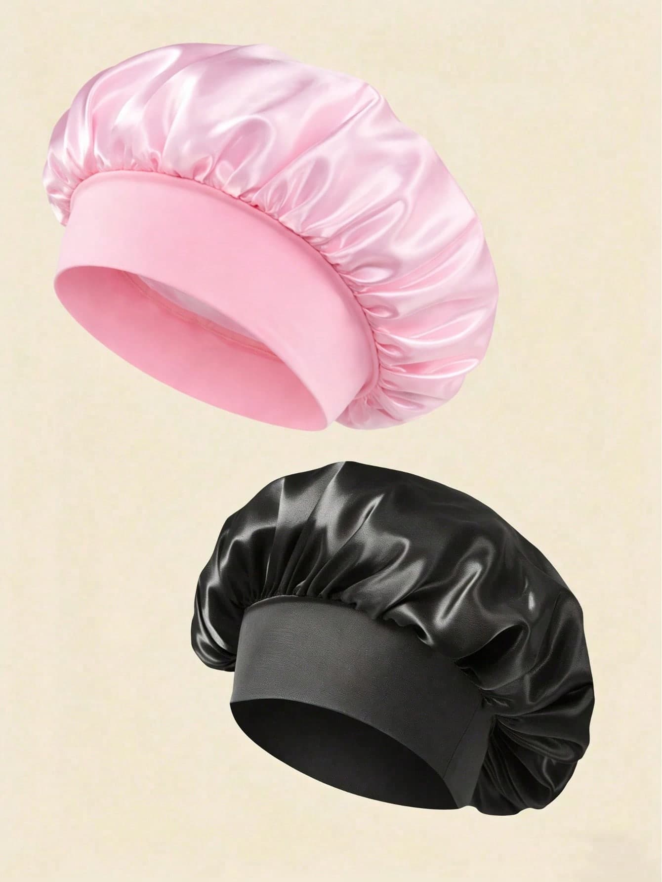 2/1pcs Silk Sleep Cap, Satin Headscarf, Essential For Home And Vacation, Women's Wide Brim High Elasticity Cap, Silk Sleep Cap, Premium Satin Headscarf, Curly Hair Silk Headband (Black And Pink), Sleep Cap, Vacation Hat, Summer Hat, Women's Accessories, Holiday Essential, Holiday Accessory, Summer, Hair Accessory, Festival Accessory, Women's Headwear