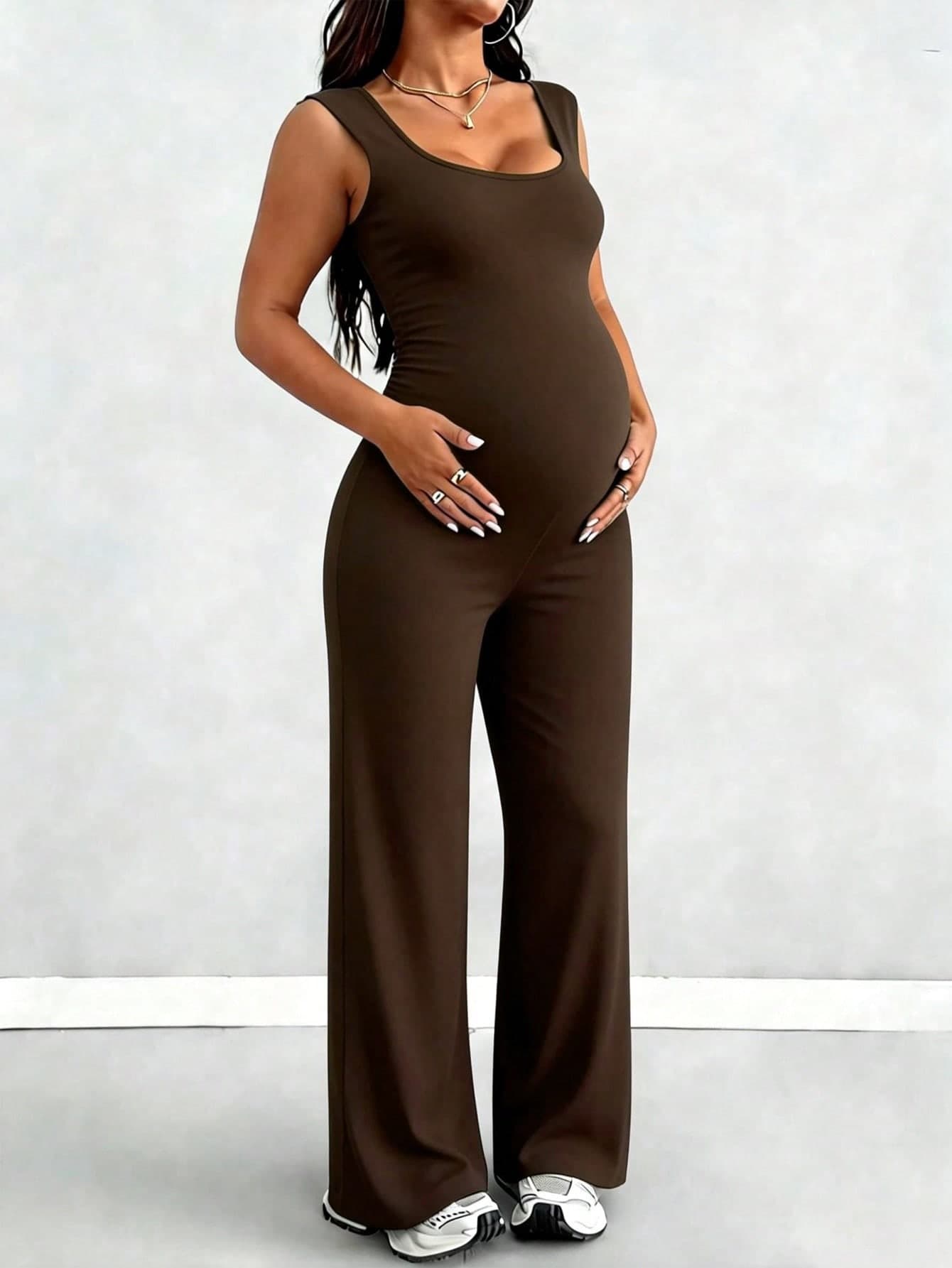 Parara Maternity Jumpsuit With Tank Top, High Elasticity One-Piece, And Maternity Jumpsuit, Summer Casual Maternity Jumpsuits, Effortlessly Brown