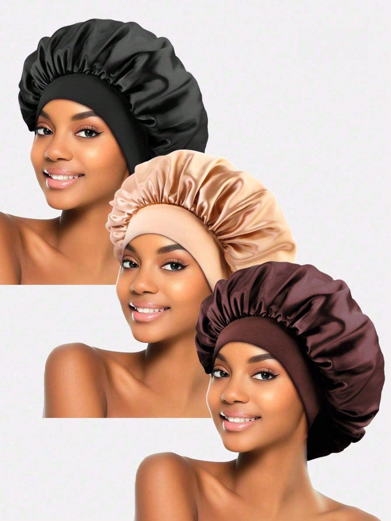 CONFLASS 3/2pcs/1pc Silk Sleep Cap, Satin Sleep Hat, Soft Elastic Silk Sleep Cap, Silk Hair Band, Women Solid Color Wide-Brim Elastic Smooth Satin Fashion Sleep Hat, Comfortable Breathable Hair Care Cap, Back To School Season