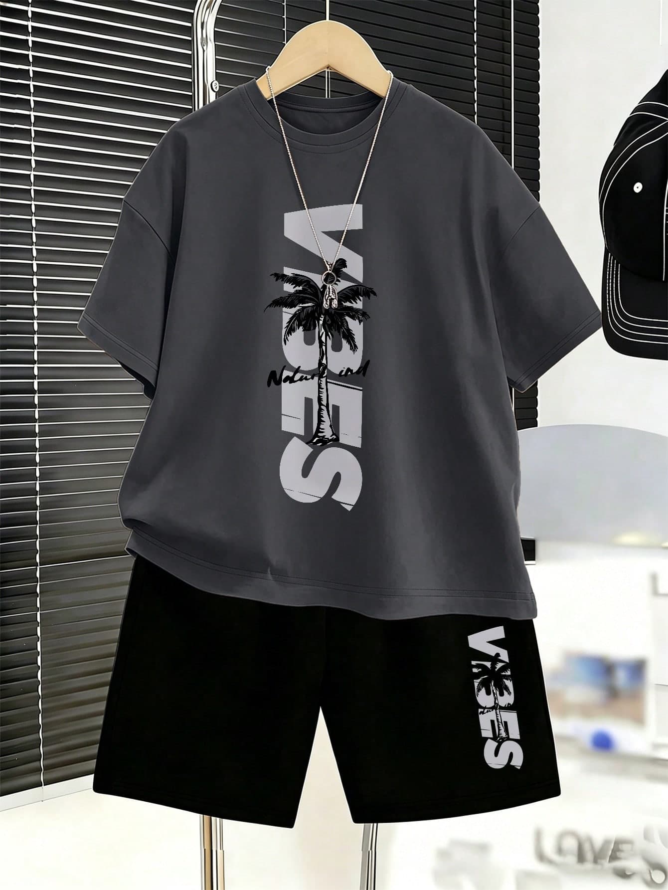 Teenager Boys' Comfortable Casual Set, Including Round Neck Letter & Palm Tree Print T-Shirt + Shorts, Summer