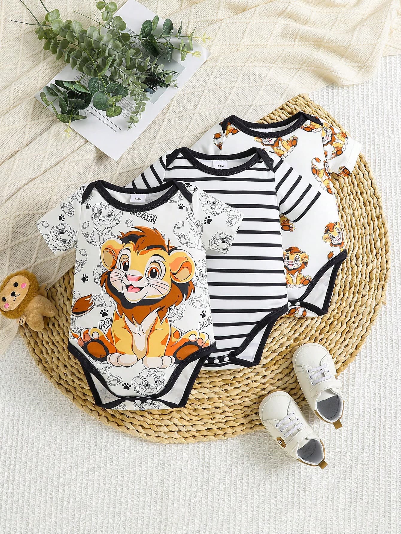 3pcs Striped Cute Lion Infant Newborn Romper Jumpsuit