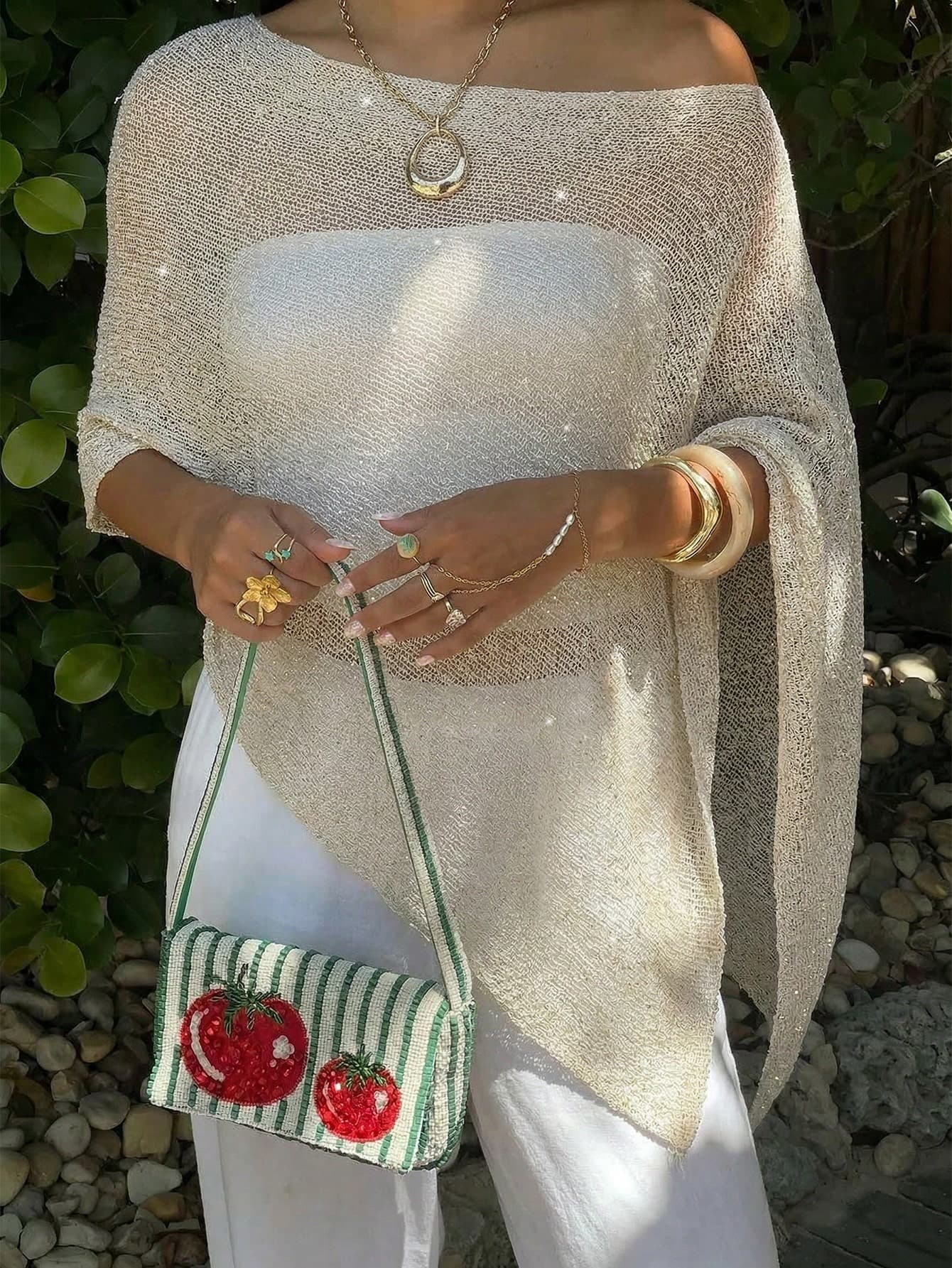 GLAMMY Summer Swimsuit Cover-Up, Women's Sexy Y2K Style Sequin Fringe Hollow-Out Solid Color Lightweight Knit Shawl Top, Asymmetric Hem. Minimalist White/Beige Beach Shawl, Suitable For Spring/Summer Outings, Music Festivals, Country Concerts, Daily Street Style