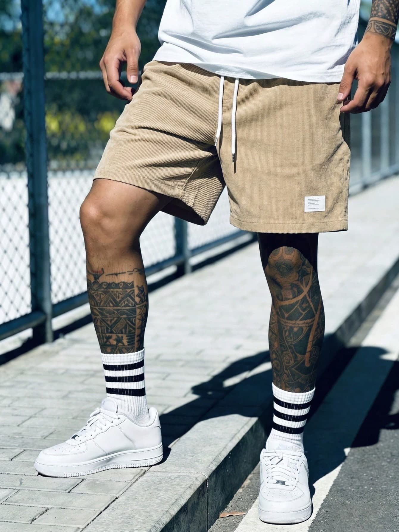 Men's Blue Corduroy Drawstring Shorts, Urban Boy Style Applique Casual Knee-Length Shorts, Retro Japanese Inspired