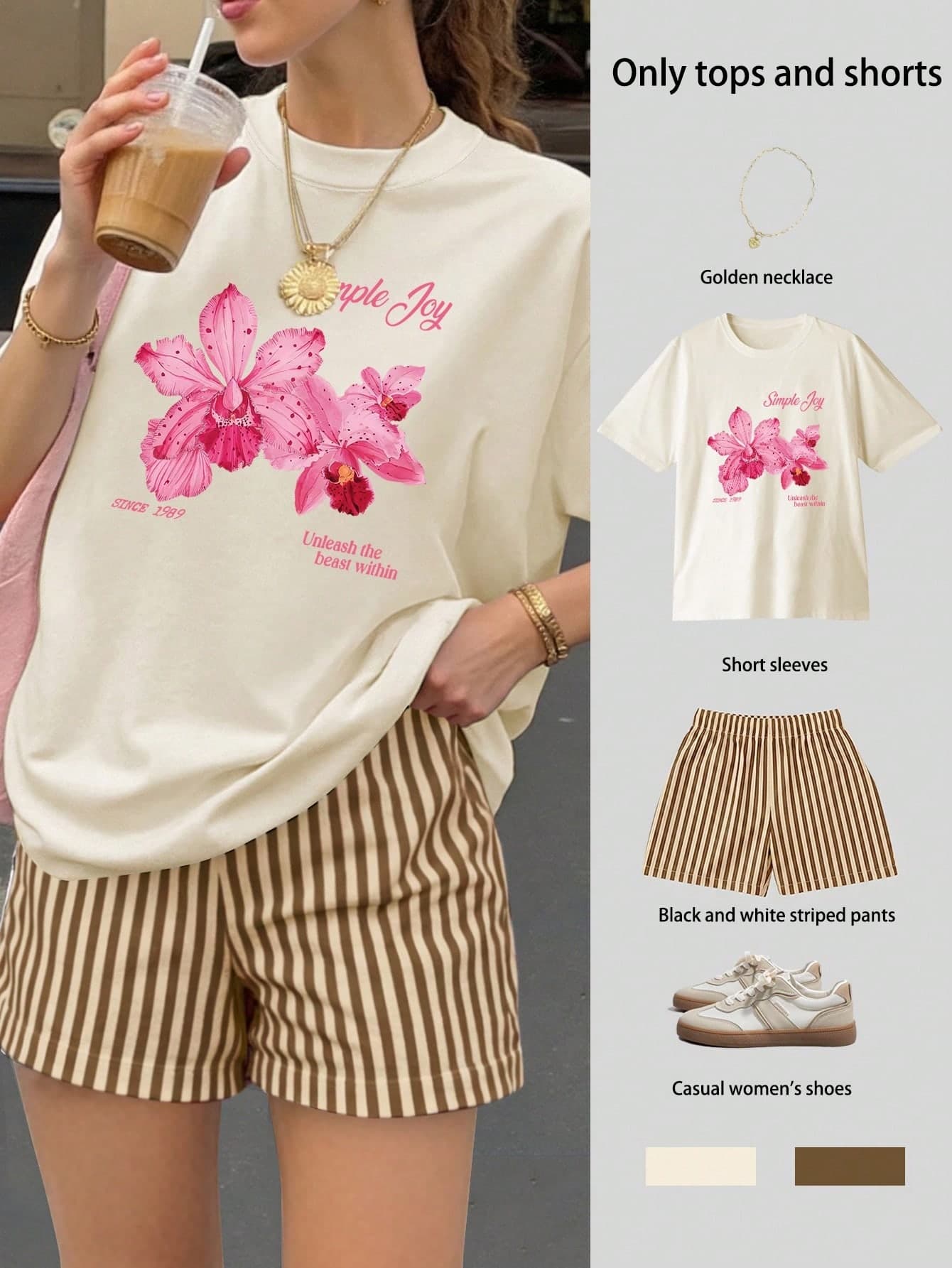 Floral Print Women's Loose Short Sleeve Top With Striped Shorts Set, Women's Summer Casual Two Pieces Set, Women's Two Pieces Set, Women's Summer Set Germany Spain Vacation, Women's Clothing, Going Out Outfits, Old Money Cottagecore