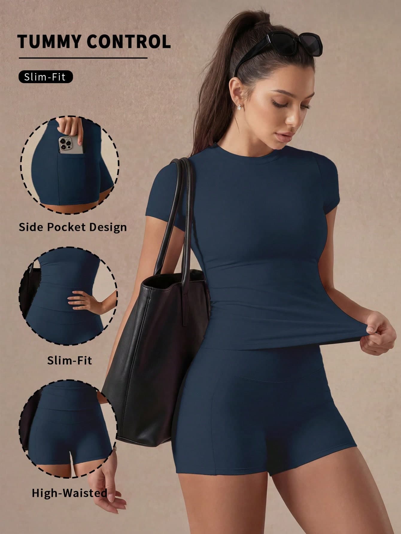 6pecil 2pcs Badge Blue Sports Set, Solid Color Crew Neck T-Shirt & High Waist Sports Shorts With Pockets, Non-See-Through Abdominal Compression Running Fitness Women's Wear