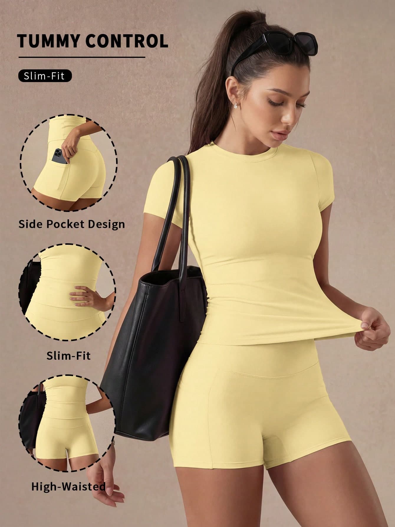 6pecil Cream Yellow 2pcs Women's Set, Short Sleeve T-Shirt & High Waist Cycling Shorts With Pockets, Summer Aesthetic Soft Fitness Set Sports