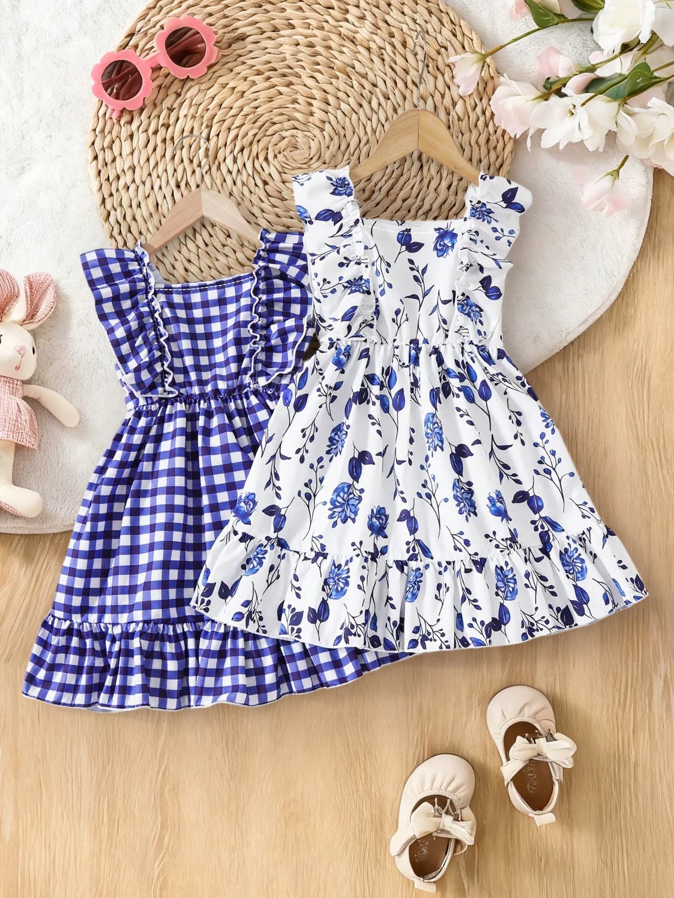 2pcs/Set Baby Girls' Summer Sleeveless Dress Outfit, Toddler Girls' Blue & White Plaid + Floral Print Square Neck Ruffle Hem Romper Dress 2-Piece Set, Cute Elegant Casual Outfit, Newborn 1st Birthday Gift, Soft Lightweight Breathable, 0-1-2-3 Years, 6-9 Months, Suitable For Outdoor, Casual, Party, Holiday