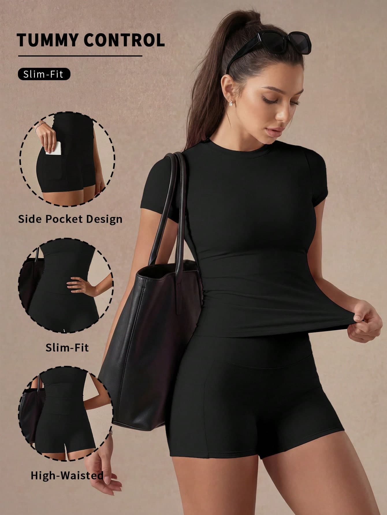 6pecil Women's Black 2-Piece Fitness Set Shirt, Tummy Control Shaping Slim Fit Workout Yoga Set Sports