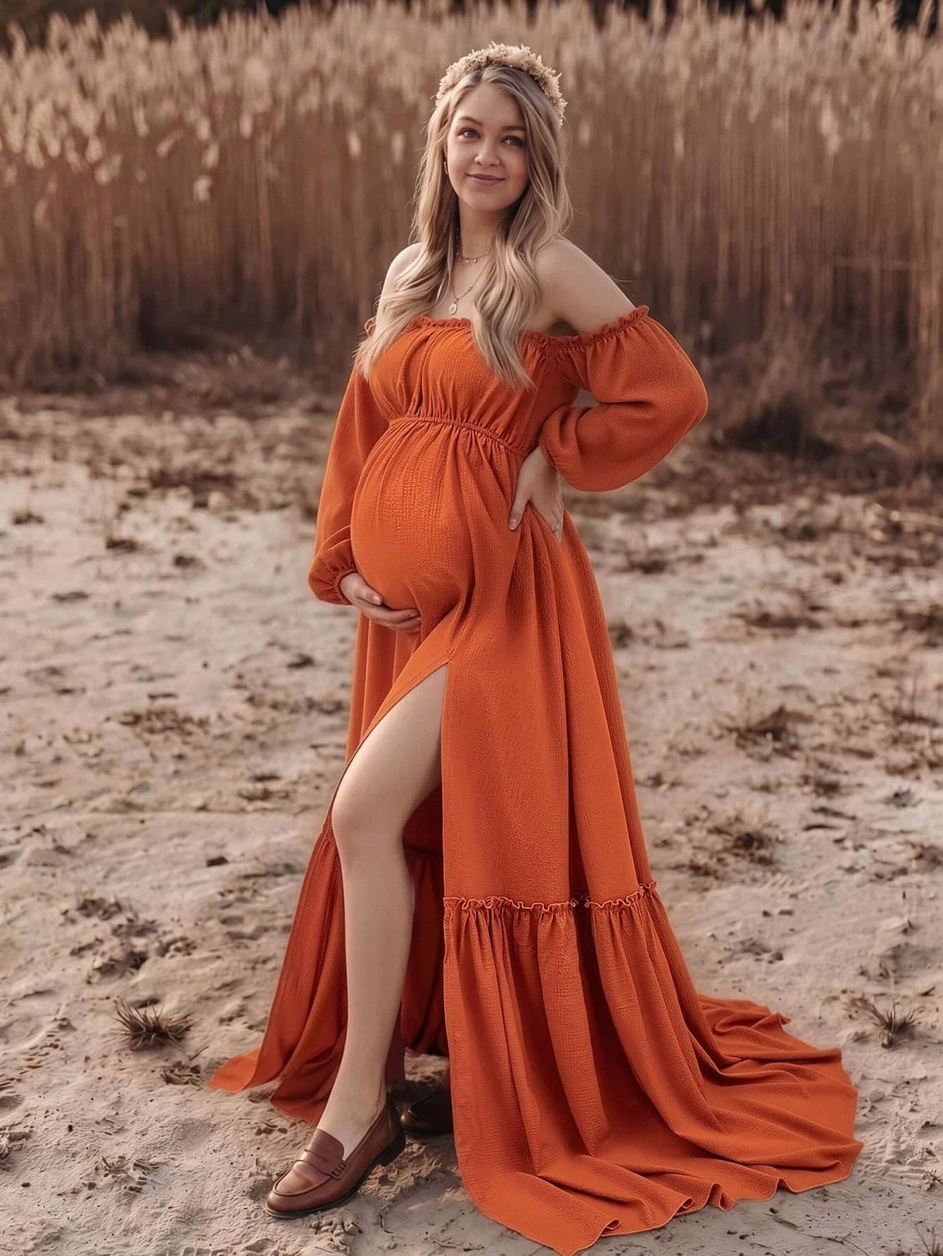 Bohemian Style Maternity Off-Shoulder Dress, Bishop Sleeves, Ruffle Hem, Long Woven Fabric Dress, Suitable For Photography