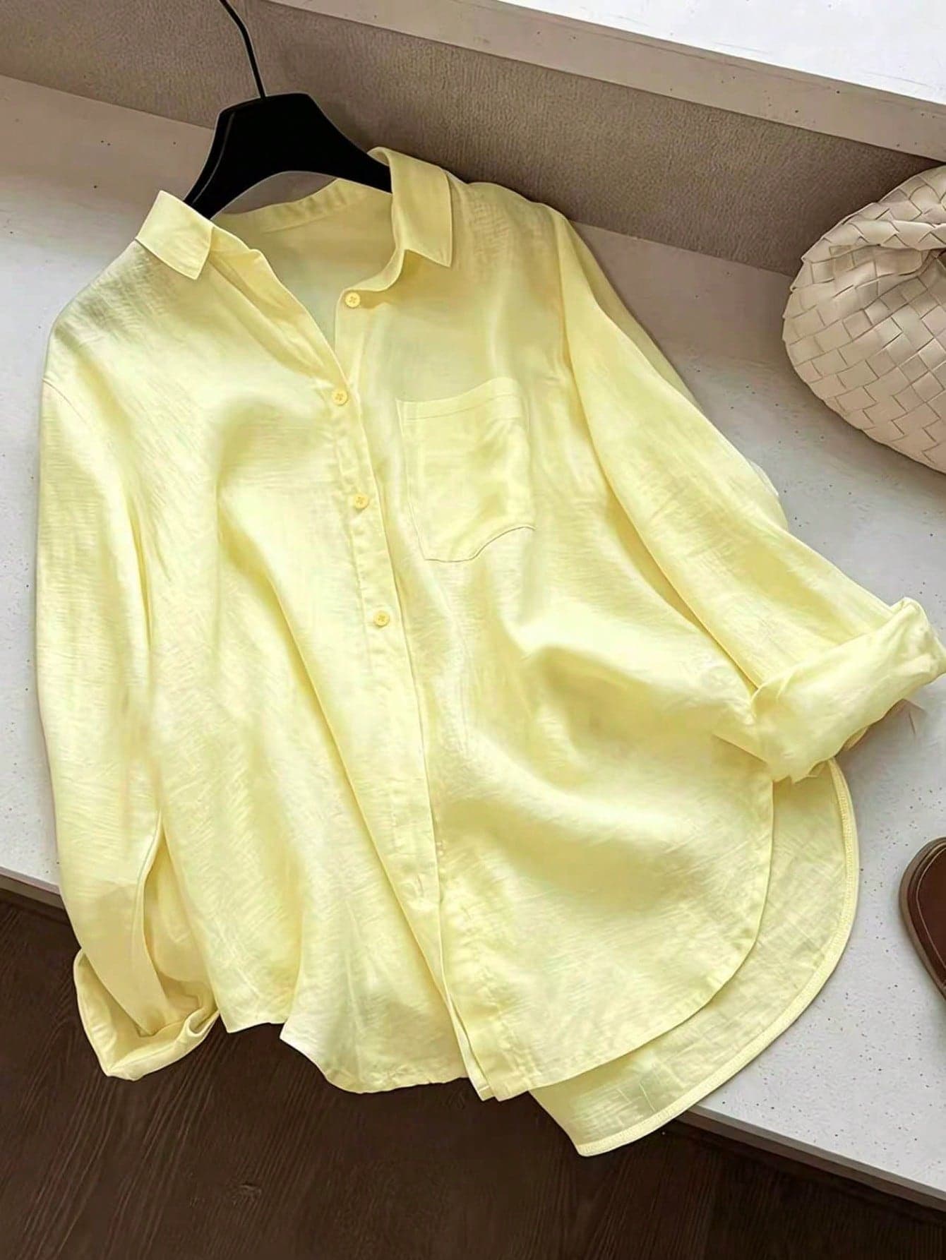 Women's Casual Solid Color Front Button Curved Hem Shirt Spring