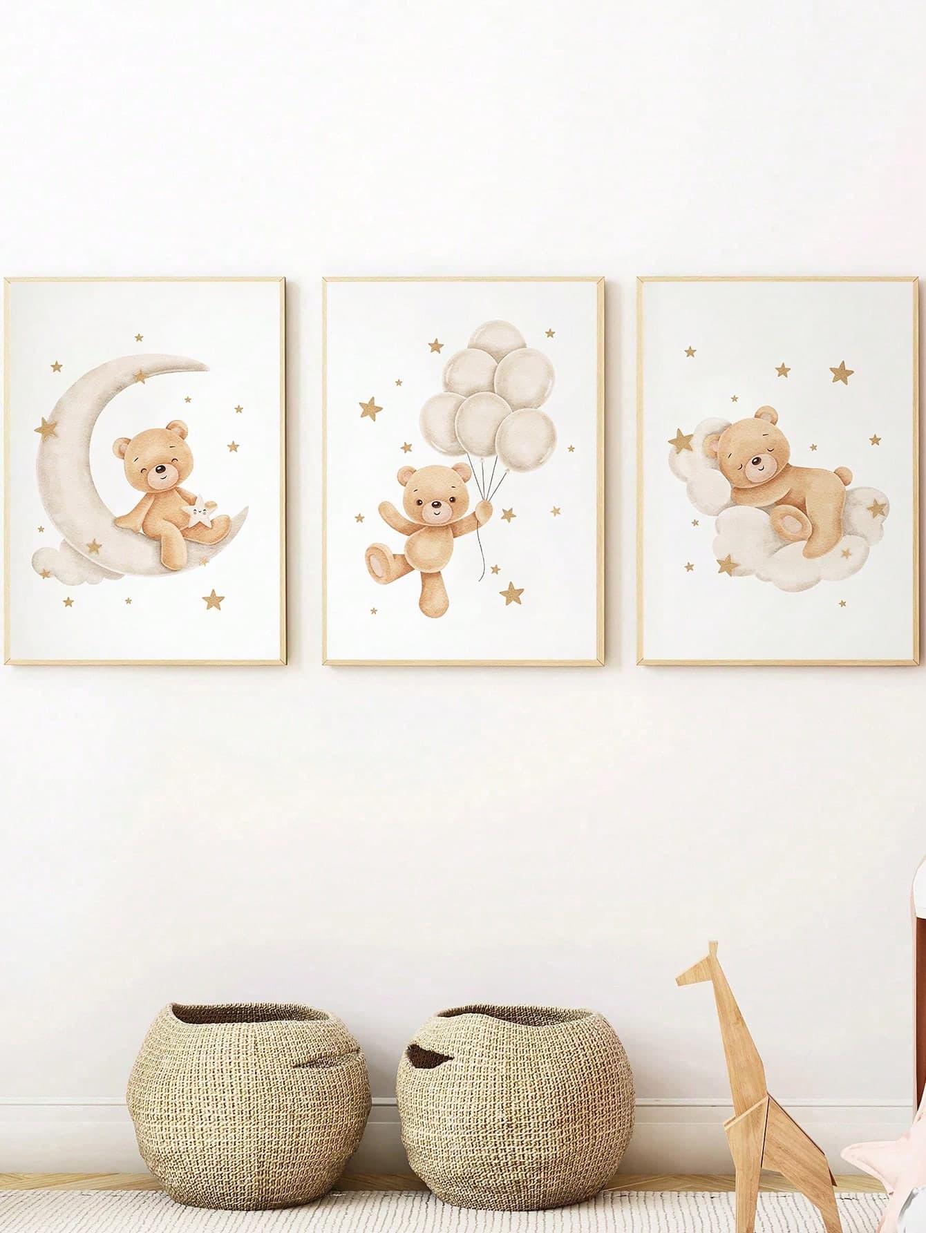 1pc Framed Canvas Wall Art, Baby Nursery Decor Painting, Teddy Bear Theme Artwork With Bear, Moon And Balloon Elements, Suitable For Kids Room Decor, Neutral Tones, Neutral Design, Perfect For Nursery Or Playroom, Nursery Decor, Wall Art Poster, Inspirational Print Wall Art, Tapestry, Ready To Hang, Preschool Poster, Baby Gift