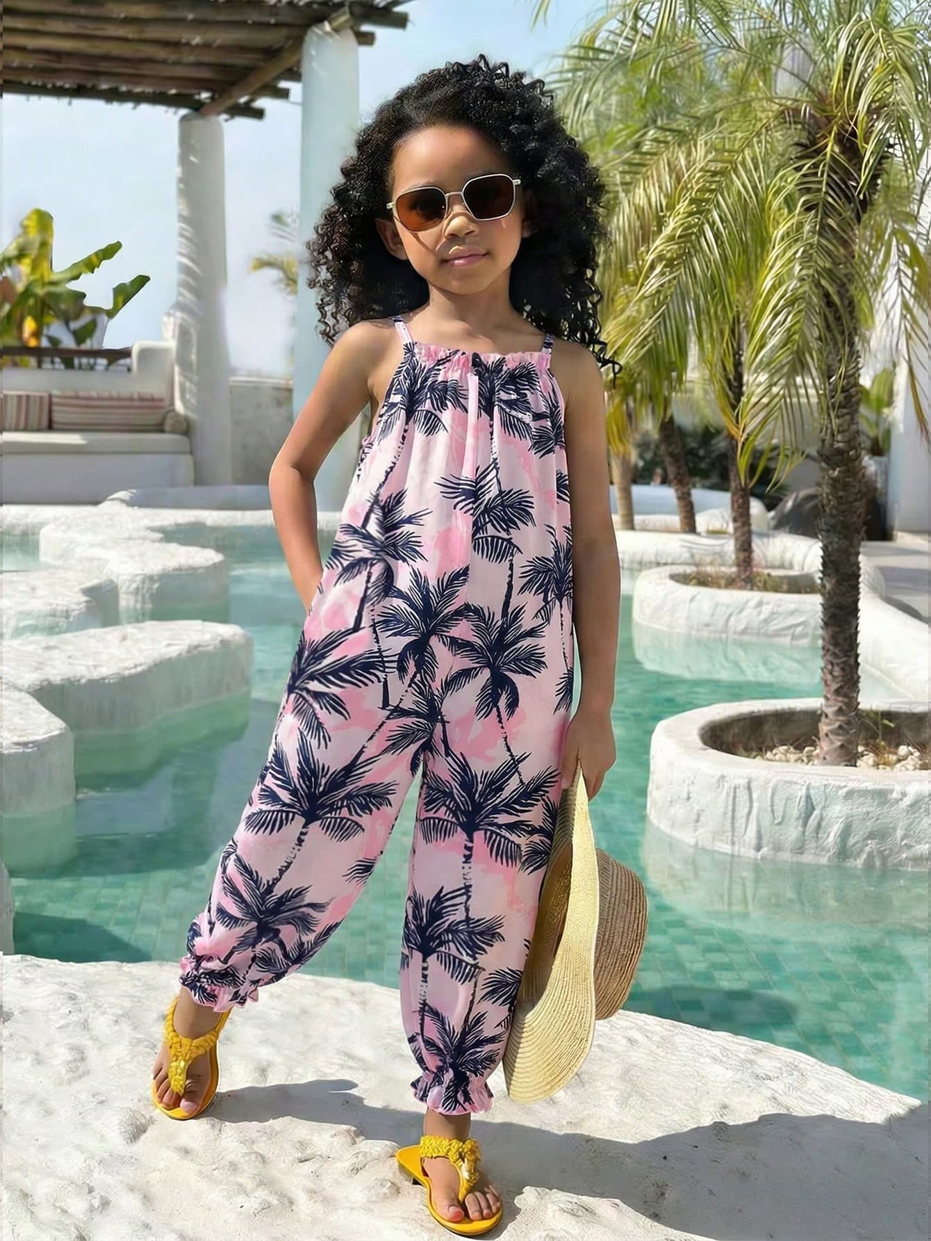 Toddler Girls' Summer Tropical Print Jumpsuit, Pink & Black Set, Sleeveless Ruffled Strap, Elastic Waist, Pockets Design, Loose Breathable Soft Fabric, Suitable For Beach Vacation, Pool Party, Daily Wear