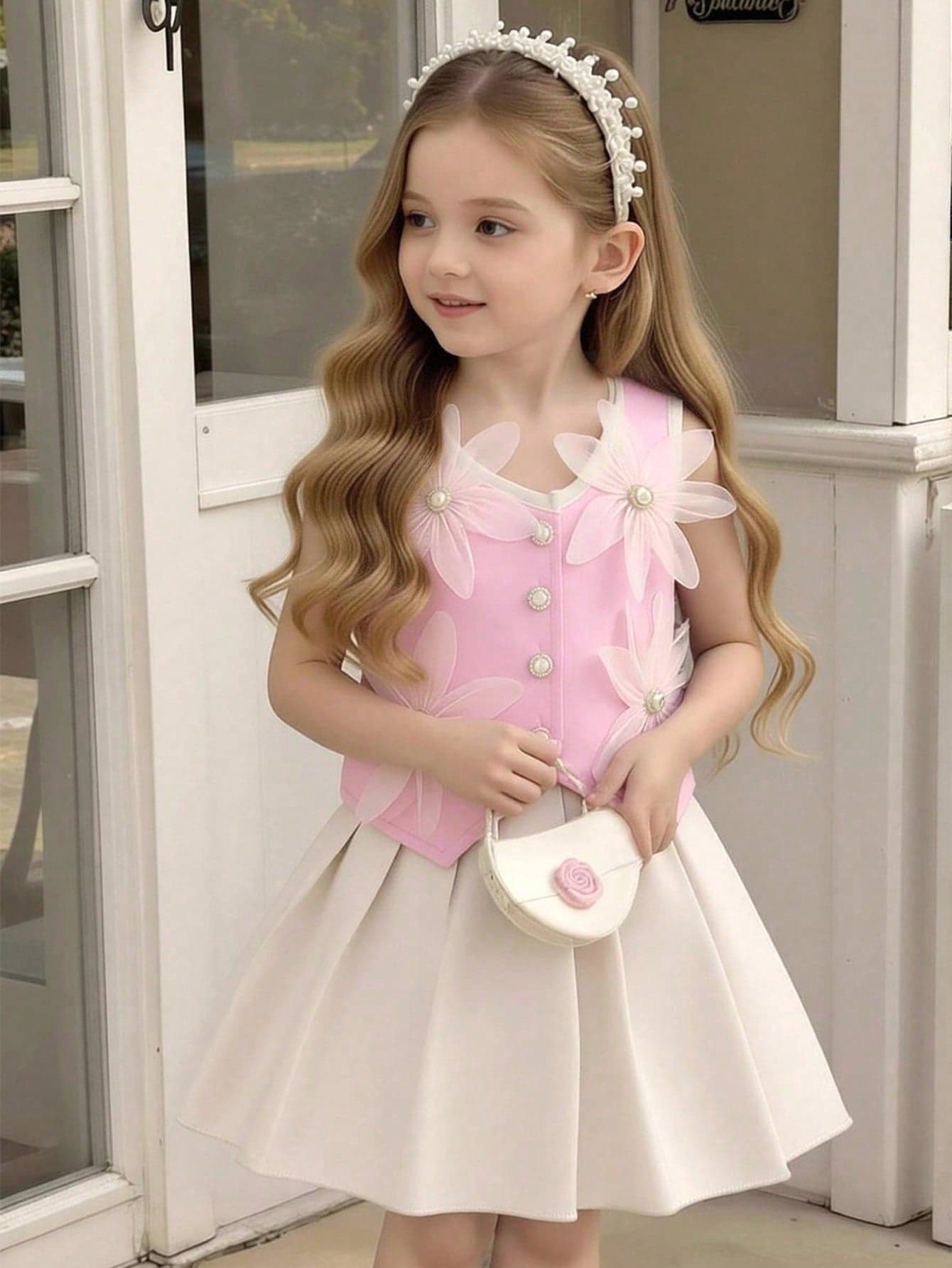Summer New 3D Floral Girls Top & Pleated Skirt Set, Elegant Elegant Top & Skirt Suit For Young Girls