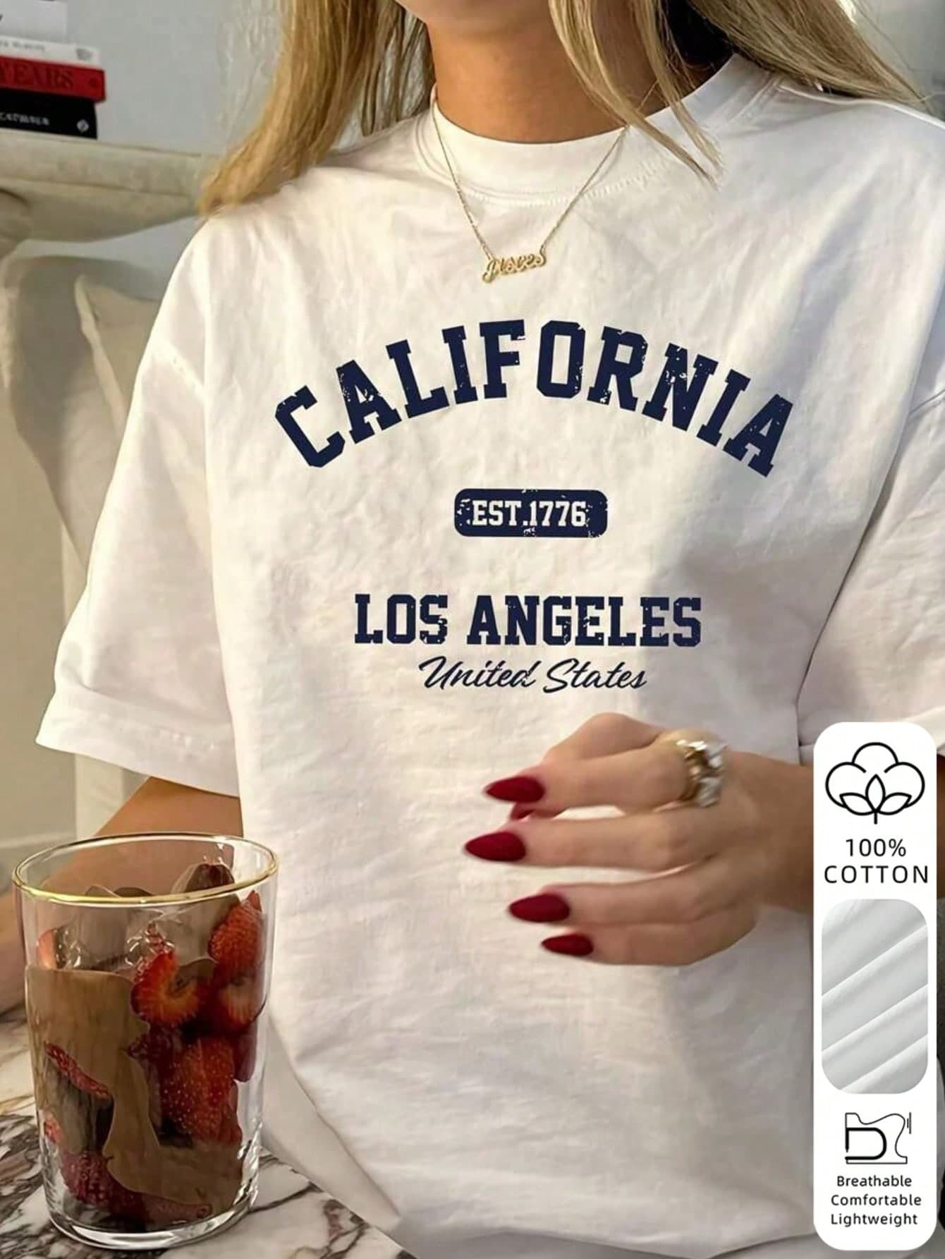 2026 Summer New Women's Los Angeles Letter Print Cotton Loose Short Sleeve T-Shirt, Casual Versatile Top White