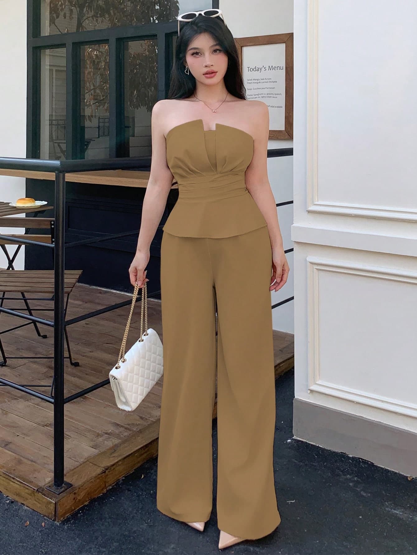 abyoxi 2pcs Women's Khaki Tie-Waist Ruffle Blouse And Wide Leg Pants Set, Fashionable And Elegant For Office, Casual Commute, Old Money Style, Sophisticated Social Influencer Style