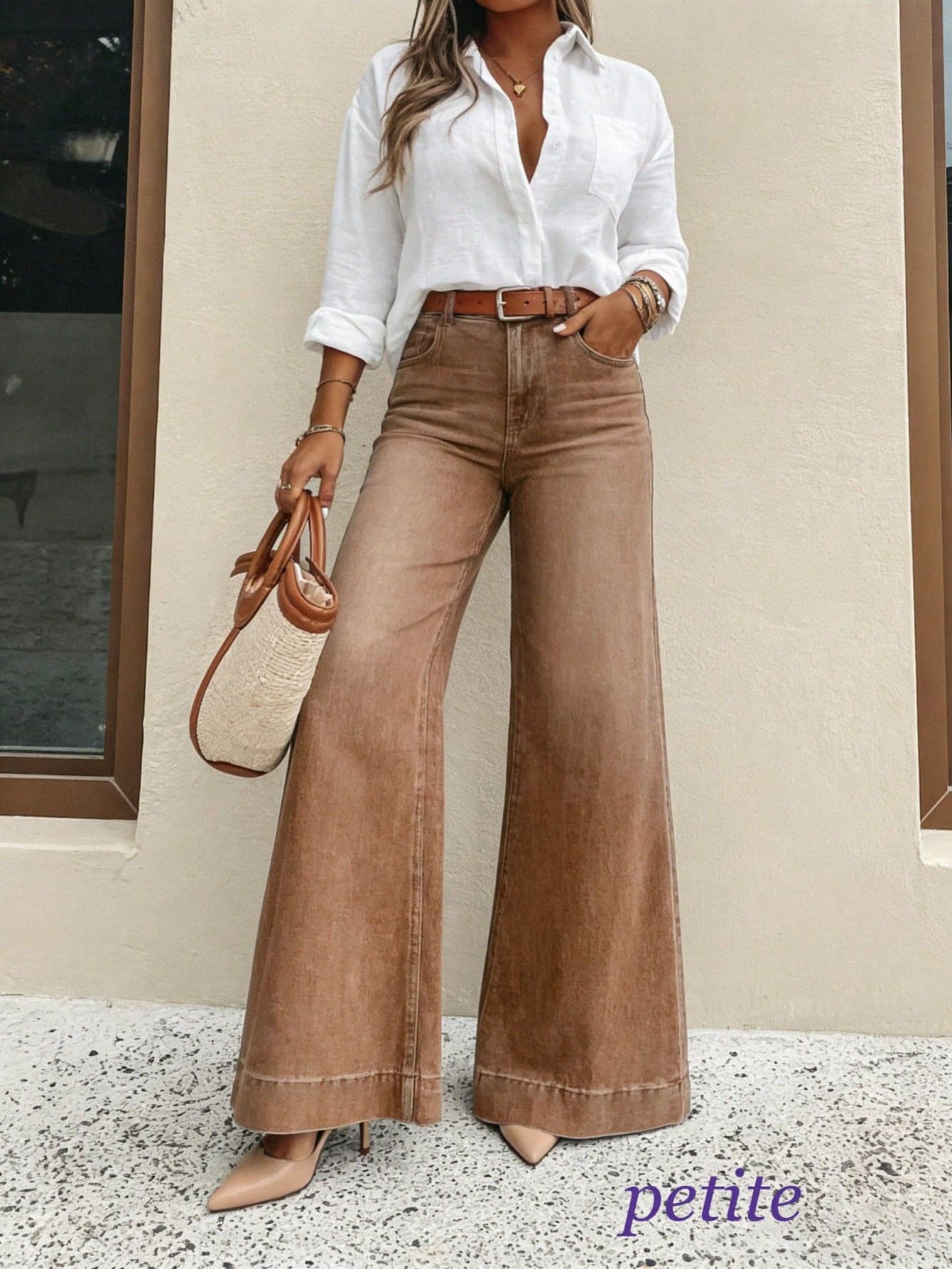 Petite Women's Washed Denim Wide Leg Jeans, Stretchy Comfortable Casual Versatile Pants Suitable For Commuting Or Daily Wear