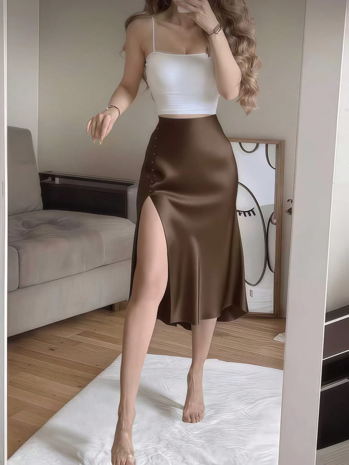 Coffee Brown Satin Elegant High-Waist High-Slit Button Decor Fitted Skirt Spring