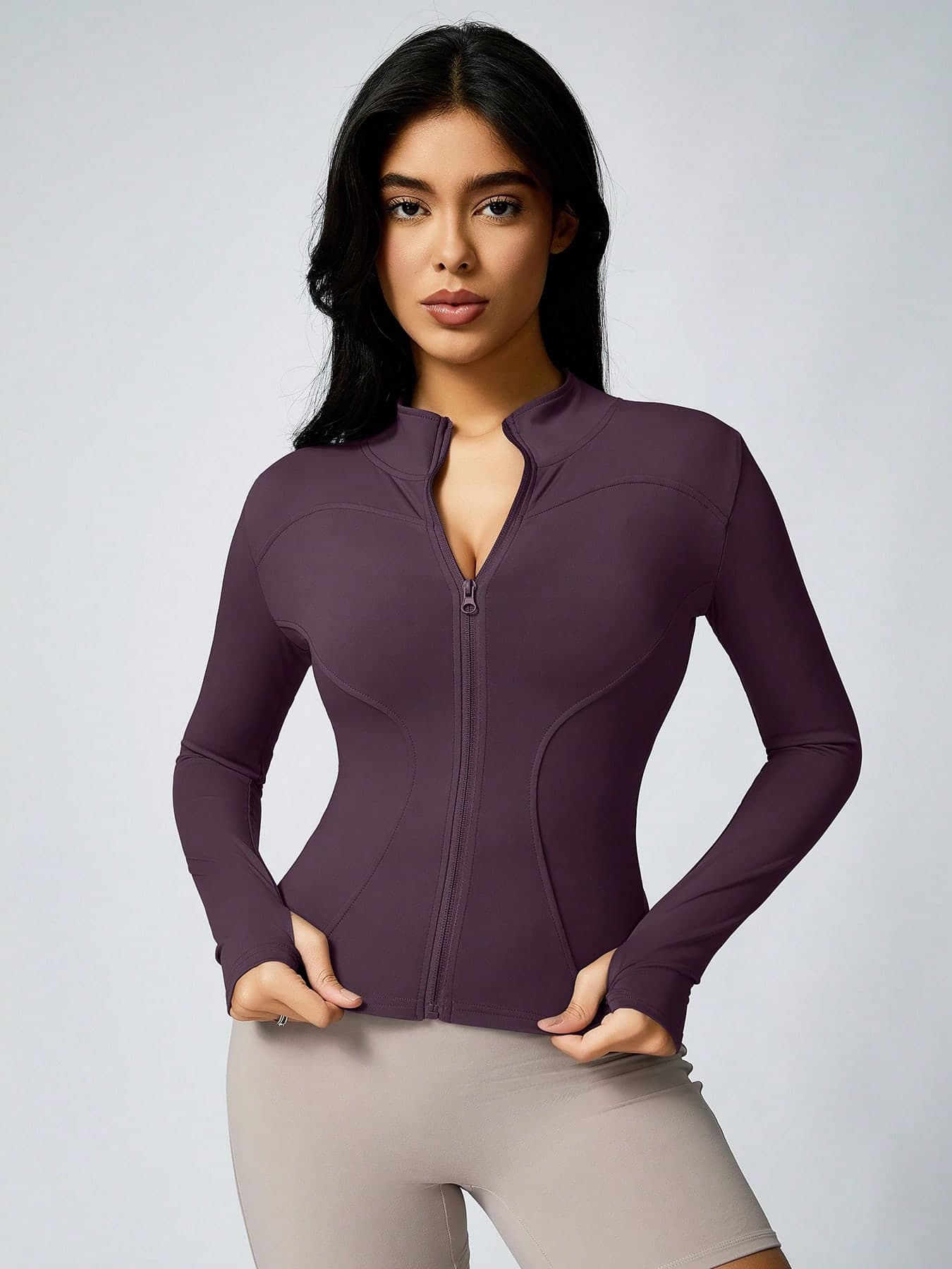 1pc Women's Solid Color Thumb Hole Long Sleeve Zipper Sports Jacket, Yoga & Casual Wear, Autumn