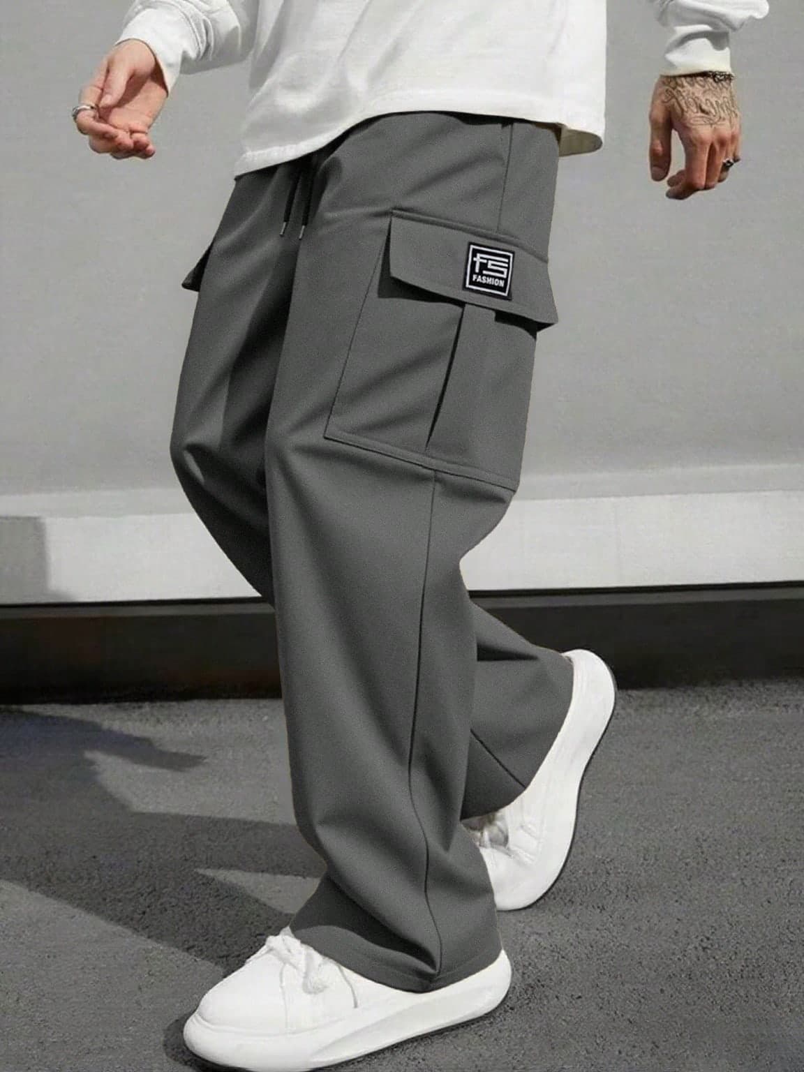 1pc Men's Casual Cargo Pants, Loose Straight Fit With Pleated Design, Suitable For Home And Outdoor Activities, Also Can Be A Couple's Gift. Made Of 100% Polyester With Drawstring Waistband For Adjustability.