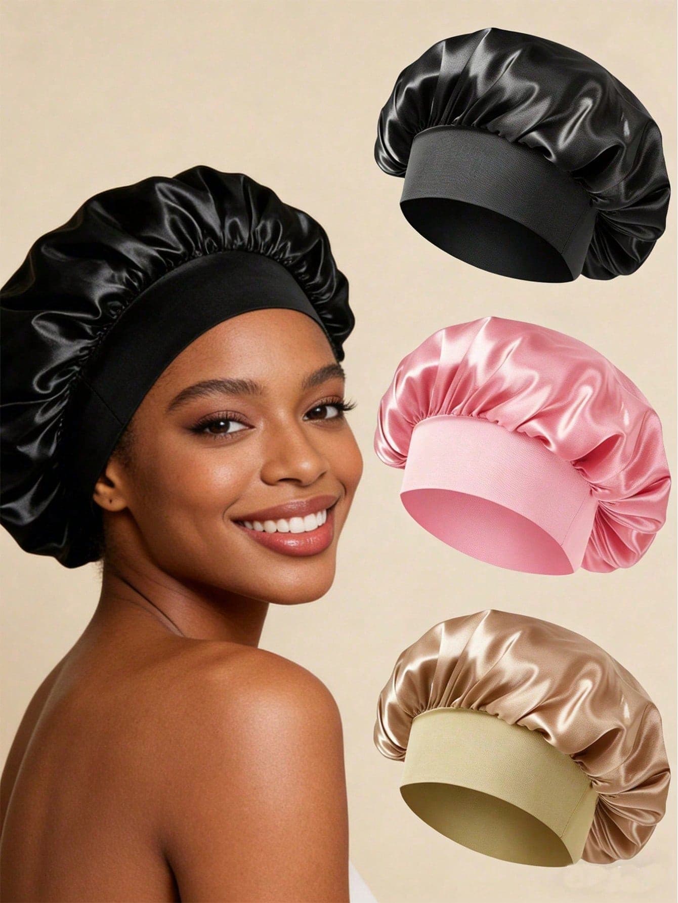 1/2pcs Silk Sleep Cap, Satin Hair Cap, Women Wide Brim High Elasticity Cap, Satin Sleep Cap, High-End Satin Hair Care Cap, Curly Hair Silk Headband (Black And Gold),Beach,Travel