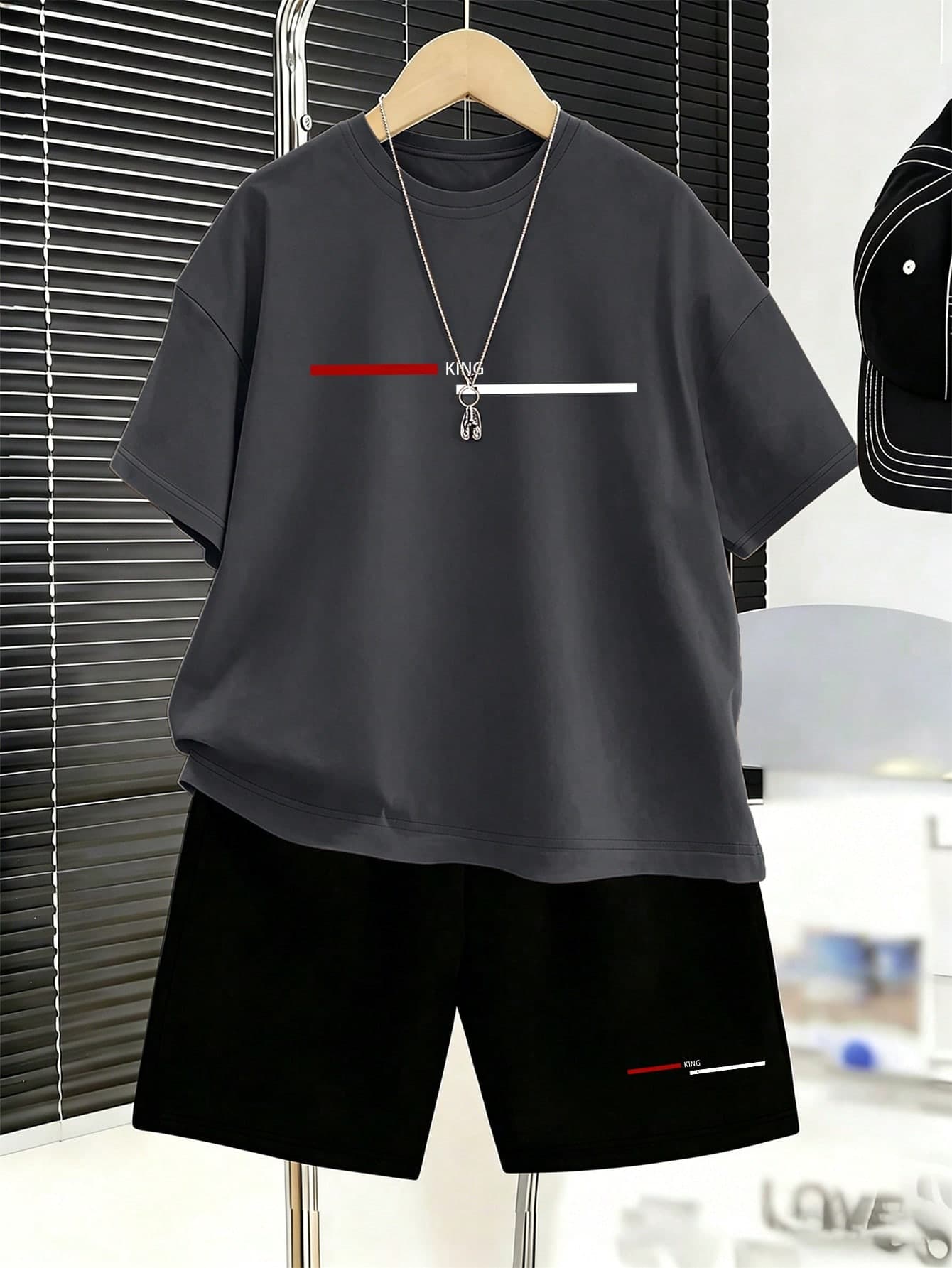 2pcs/Set Teenage Boys Casual Red & White Striped, Crown Letter Print Round Neck T-Shirt + Shorts Set, New Summer Comfortable Boys Outfit