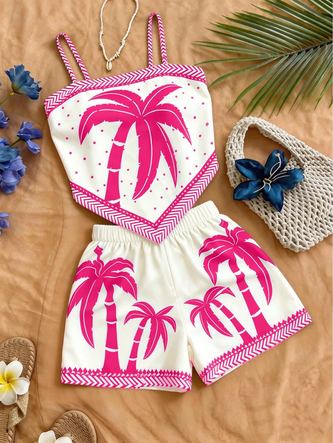 Women's Khaki & Black Ditsy Floral Camisole + Elastic Waist A-Line Shorts 2-Piece Set, Spring/Summer Pink Elegant