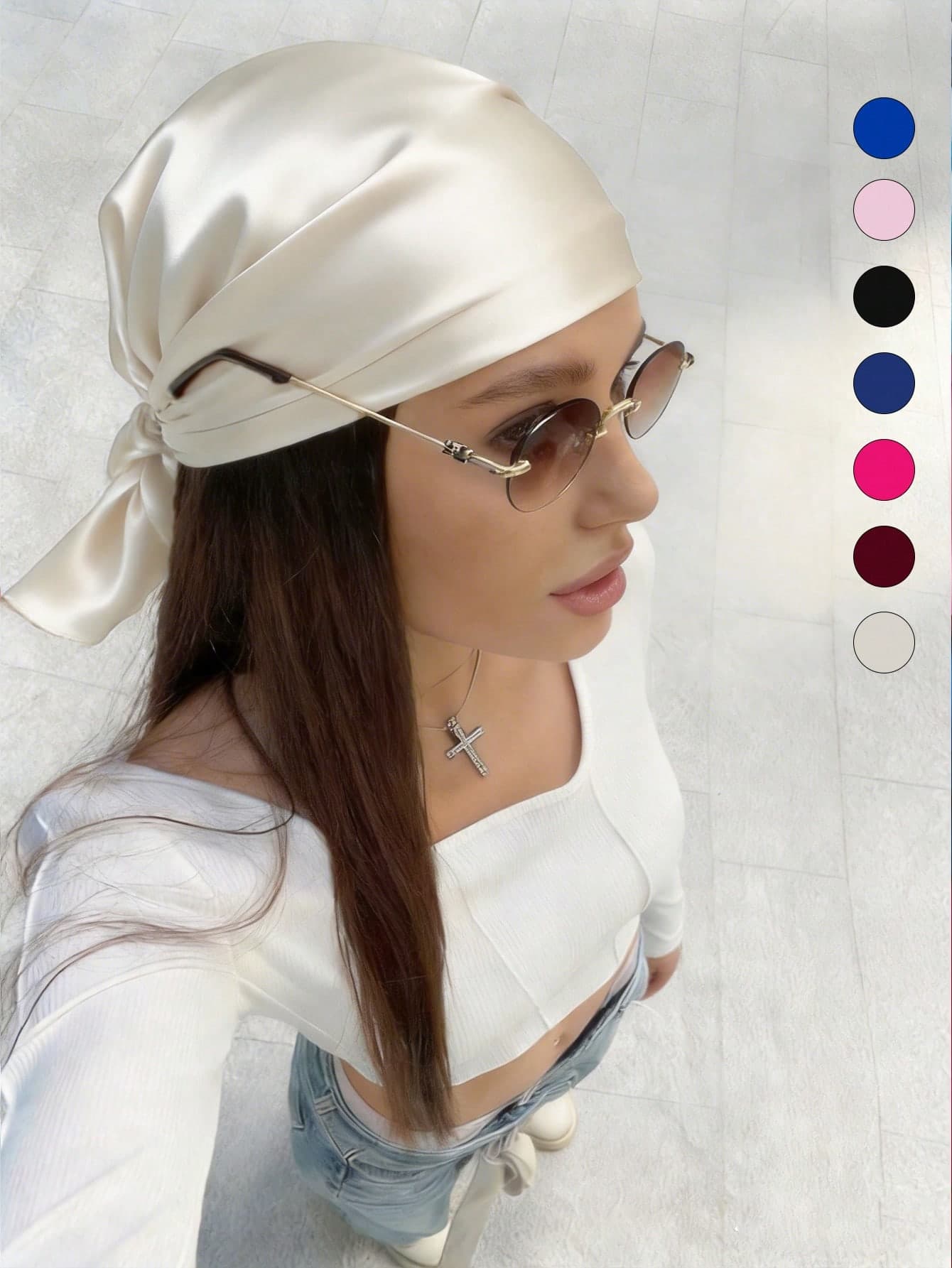 1pc Women's Luxury Square Silk Scarf Pure White Silk Headscarf, Lightweight Soft Accessory, For Daily Wear, Office, Beach, Wedding And Other Occasions, Perfect Gift For Ladies