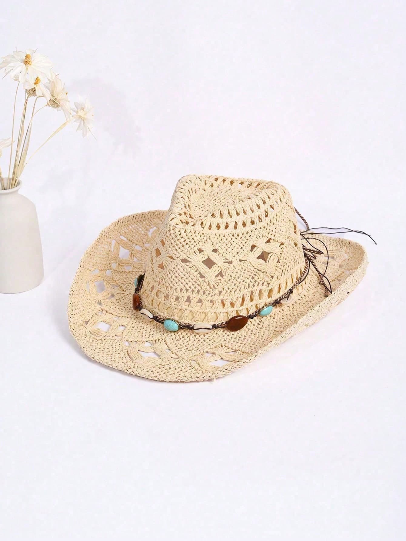 1pc Spring/Summer Unisex Solid Color Malan Flower Hollow Hand-Woven Straw Hat Fashion Retro Upturned Brim Panama Straw Hat Versatile American Western