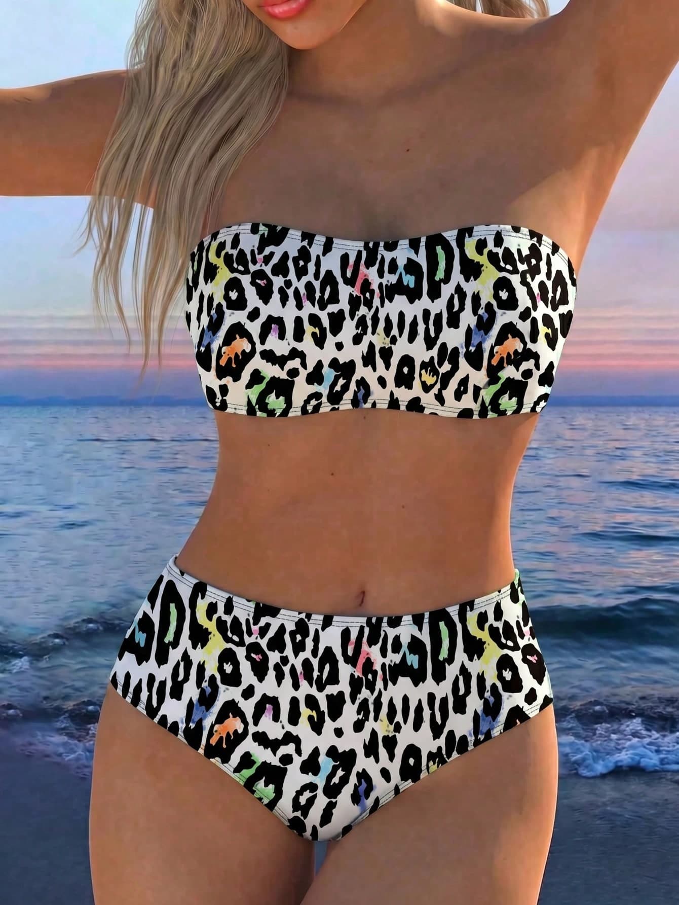 Women's Sexy Leopard Print Bandeau Bikini Swimwear Set Vacation Beach Summer
