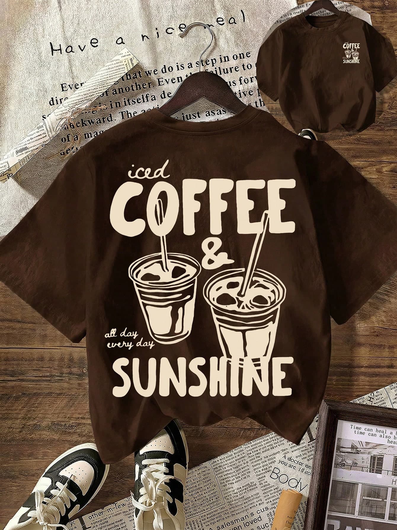 COFFEE CLUB Graphic T-Shirt, Women's Casual Round Neck Short Sleeve T-Shirt, Suitable For Summer, Vacation, Beach