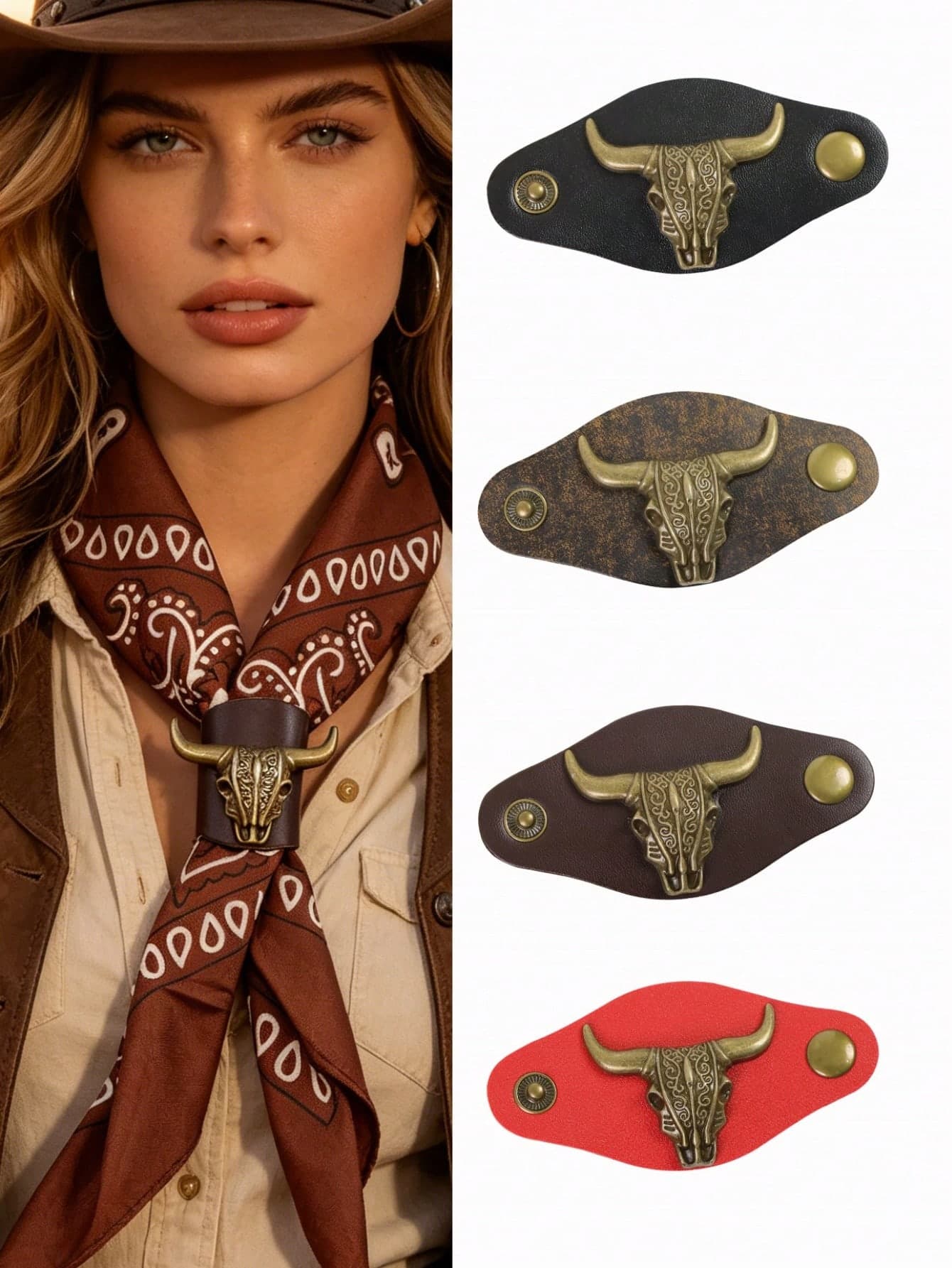 1 PC Western Bull Skull Turquoise Style Bandana Slide, 4 Colors PU Leather Scarf Buckle, Cowboy Cosplay Accessory